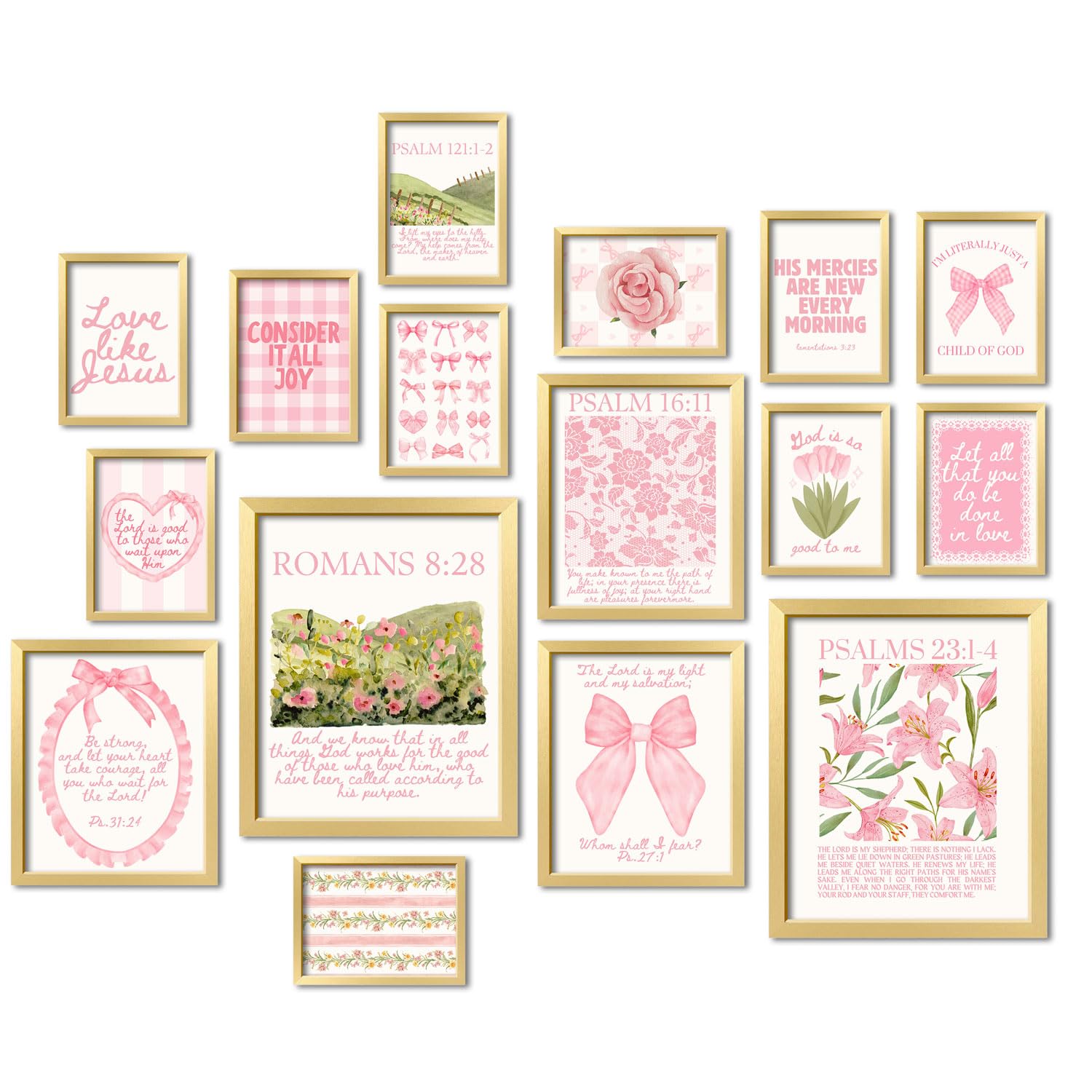 Anerza 16 Pcs Christian Wall Art Decor, Pink Bible Verses Gallery Wall Prints For Bedroom, Jesus Posters For Living Room Aesthet