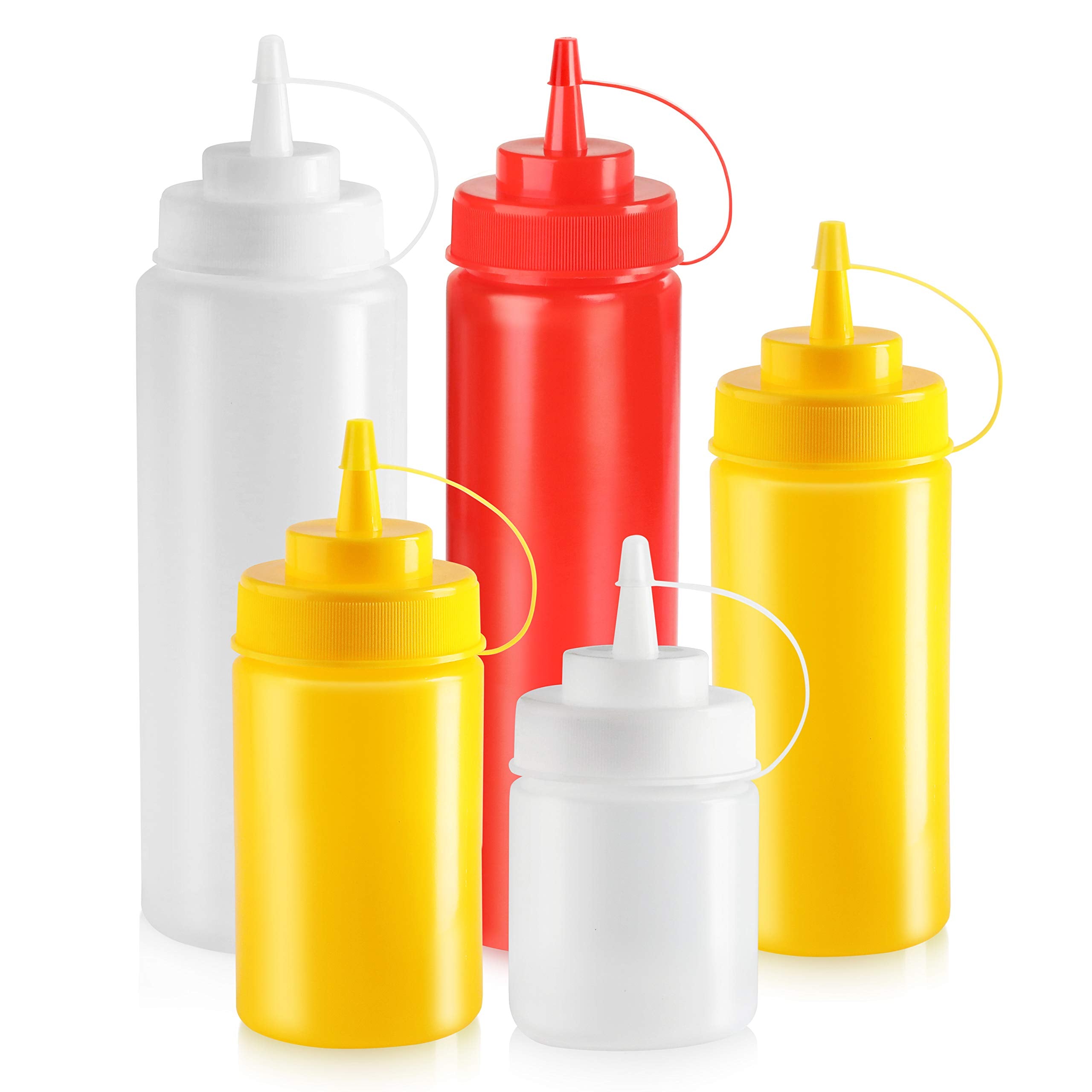 New Star Foodservice 26269 Squeeze Bottles Plastic, Wide Mouth With Caps, 32 Oz, Clear, Pack Of 6