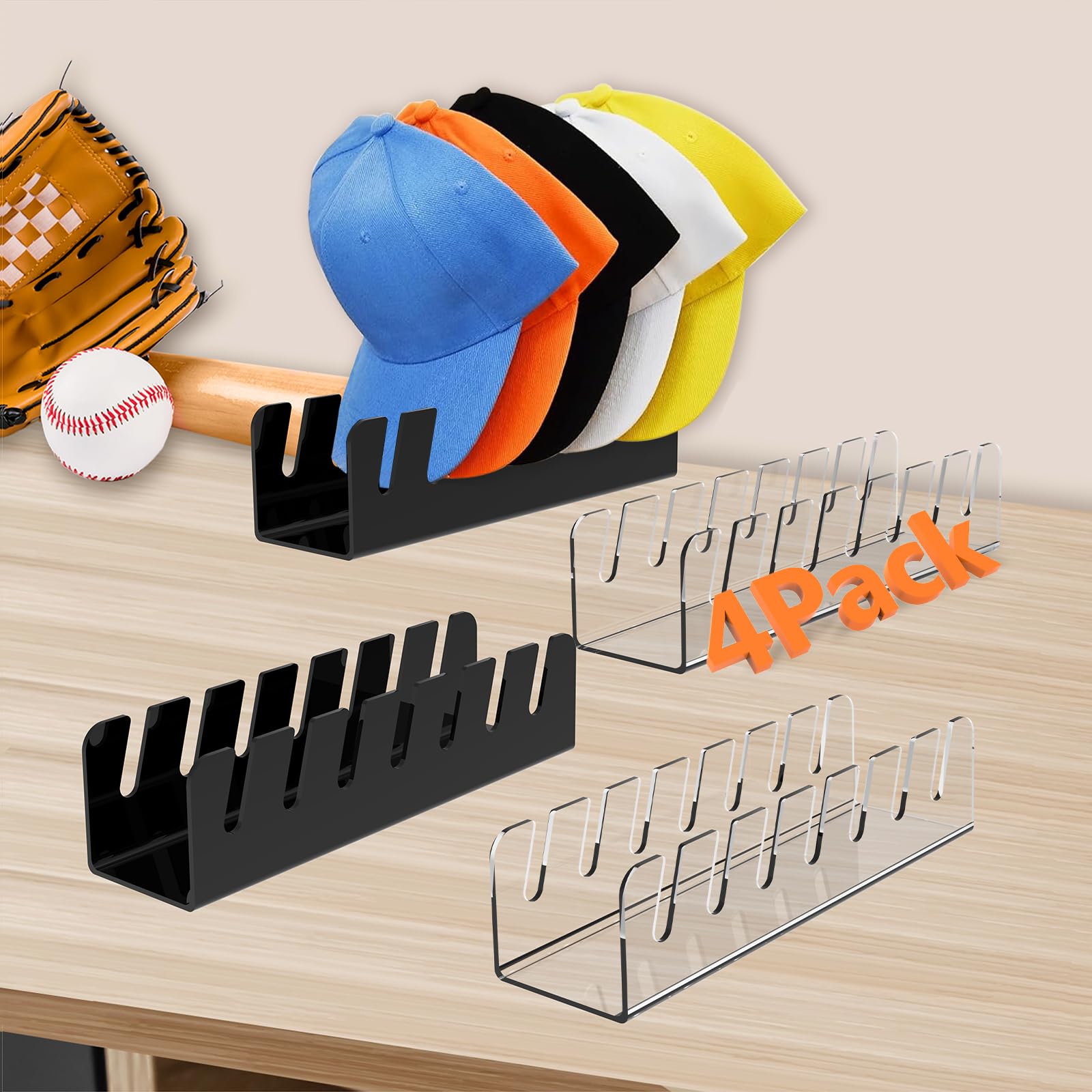 4 Pack Hat Storage Organizer for Baseball Caps - Acrylic Hat Display Rack for 28 Ball Caps, No Install Hat Stand Shelf for Truck