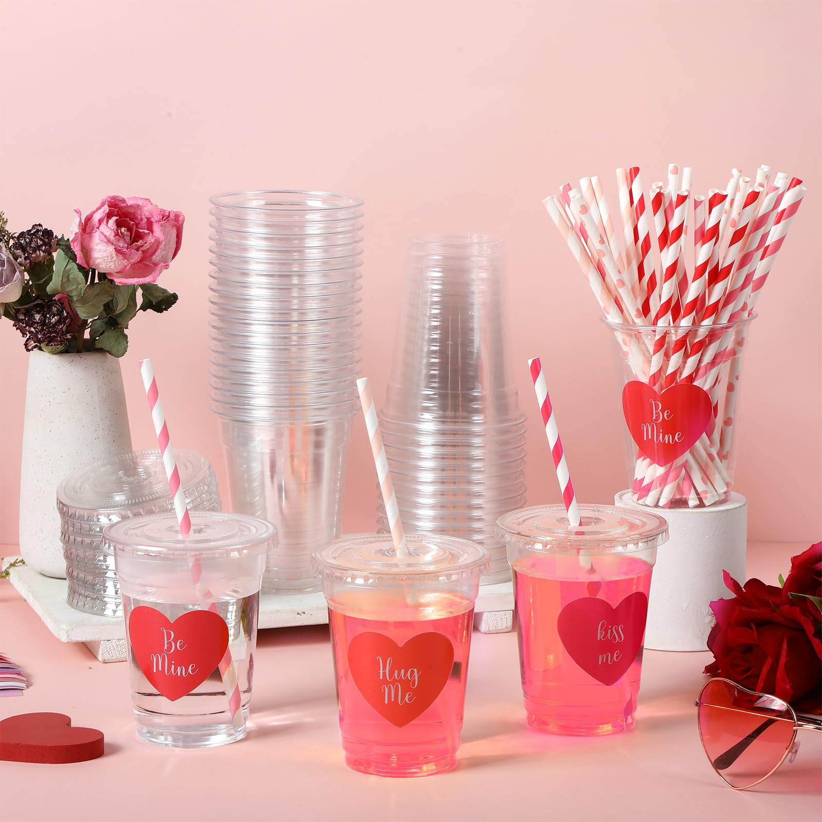 36 Sets Valentines Day Party Cups With Lids And Straws Heart Stickers Plastic Clear 12Oz Valentine'S Day Disposable Cups For Cof