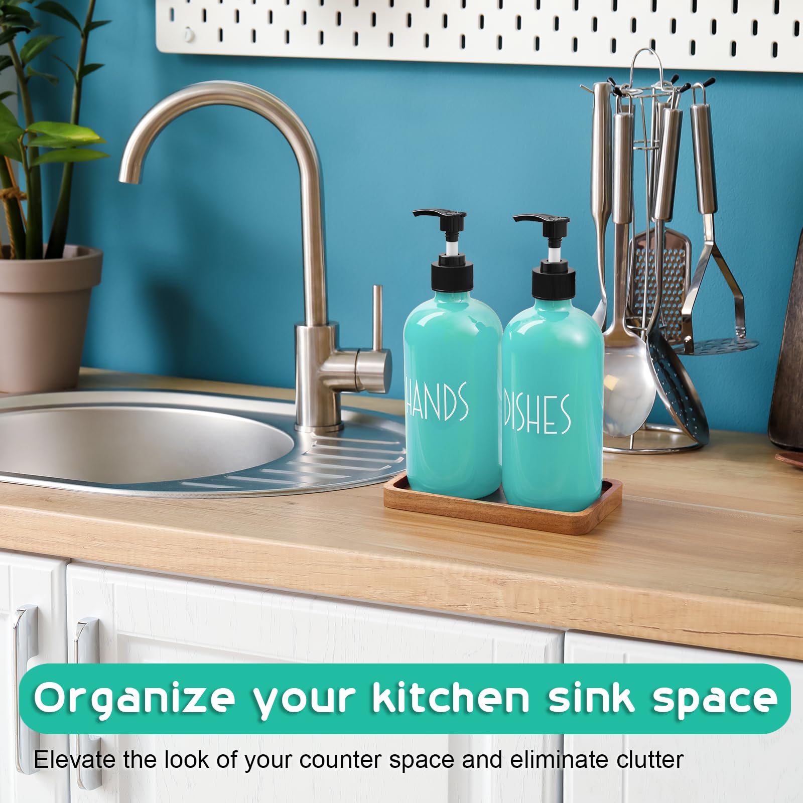 Alelion Turquoise Dish Soap Dispenser For Kitchen - 16 Oz Glass Hand Soap Dispenser Set With Pump And Acacia Wood Tray - Turquoi