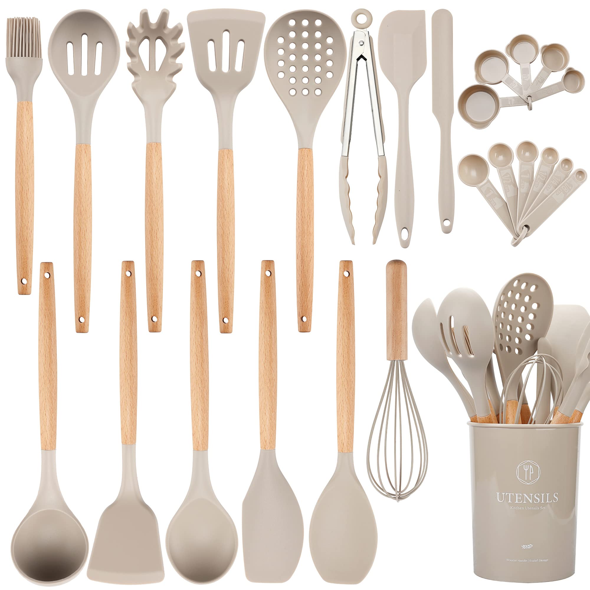 Ncue Kitchen Utensils Set With Holder, 26 Pcs Bpa Free Non-Stick, Wooden Handle Heat Resistance Silicone Spatula Spoon Kitchen G