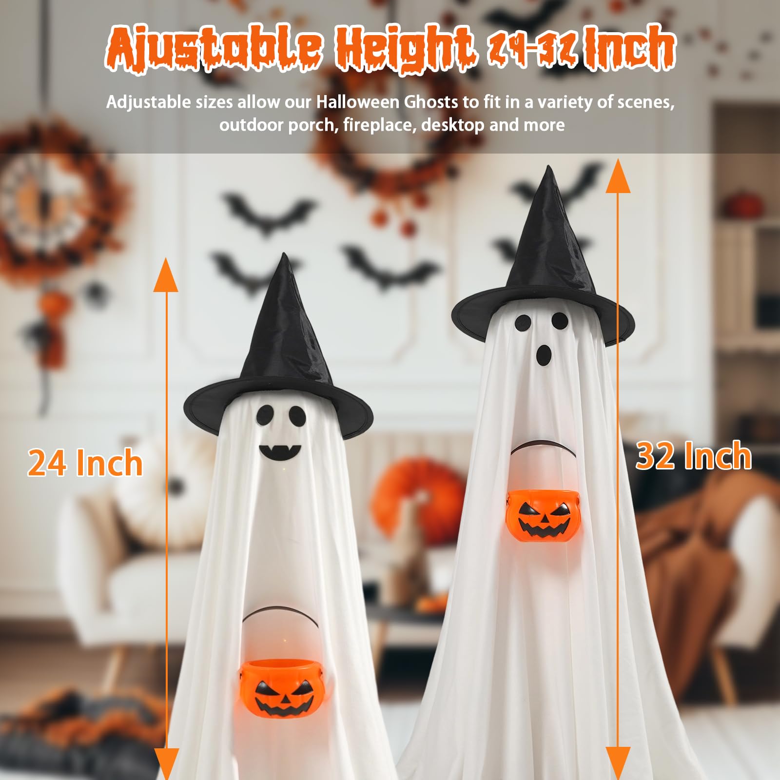 Halloween Decorations Indoor Outdoor, 2 Packs Light Up Spooky Ghost with Pumpkin Halloween Decor Crafts, Indoor Cute Party Ghost