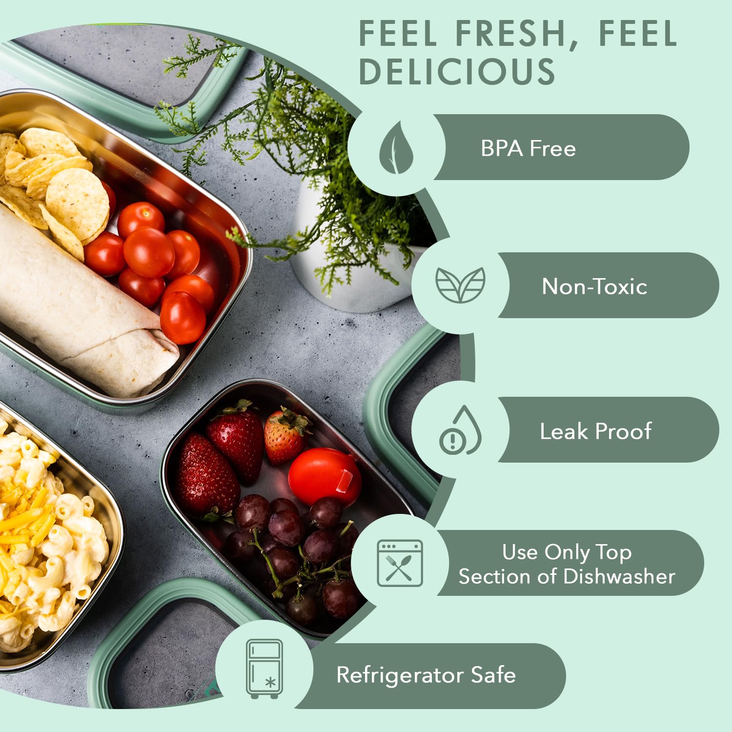 Easy Togo 3 Pack Stainless Steel Food Containers With Silicon Lid & Non-Slip Exterior, Leakproof, Airtight Rectangular Portion C