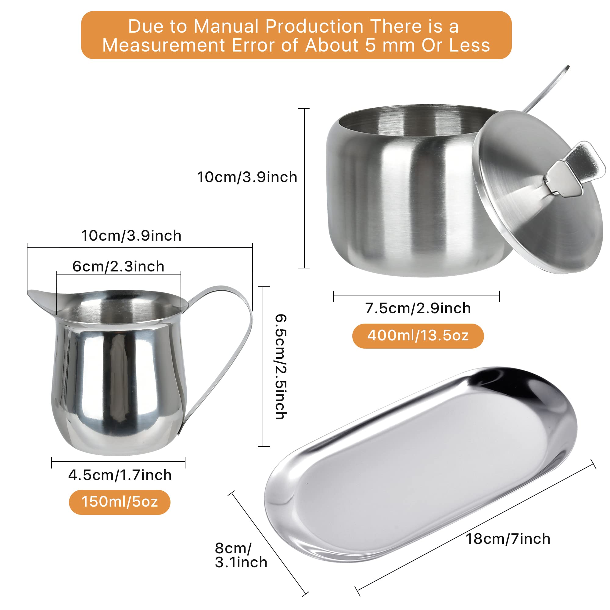 Sugar And Creamer Set, Coffee Serving Set, Stainless Steel Latte Milk Cup Cream Jug And Sugar Bowl With Lid And Spoon Tray Serve