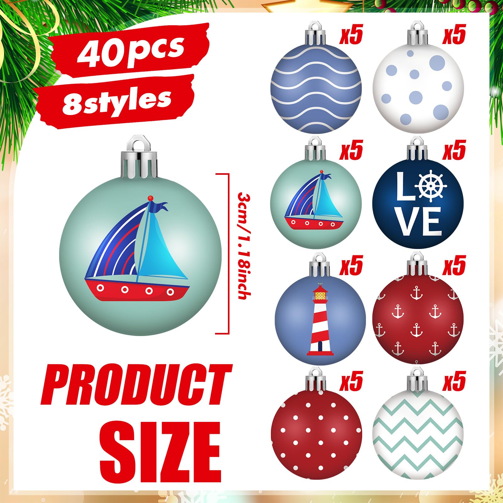 HyDren 40 Pcs Christmas Nautical Ornaments Nautical Ornaments for Christmas Tree Xmas Mini Tree Decorations 1.2 Inch Small Hangi