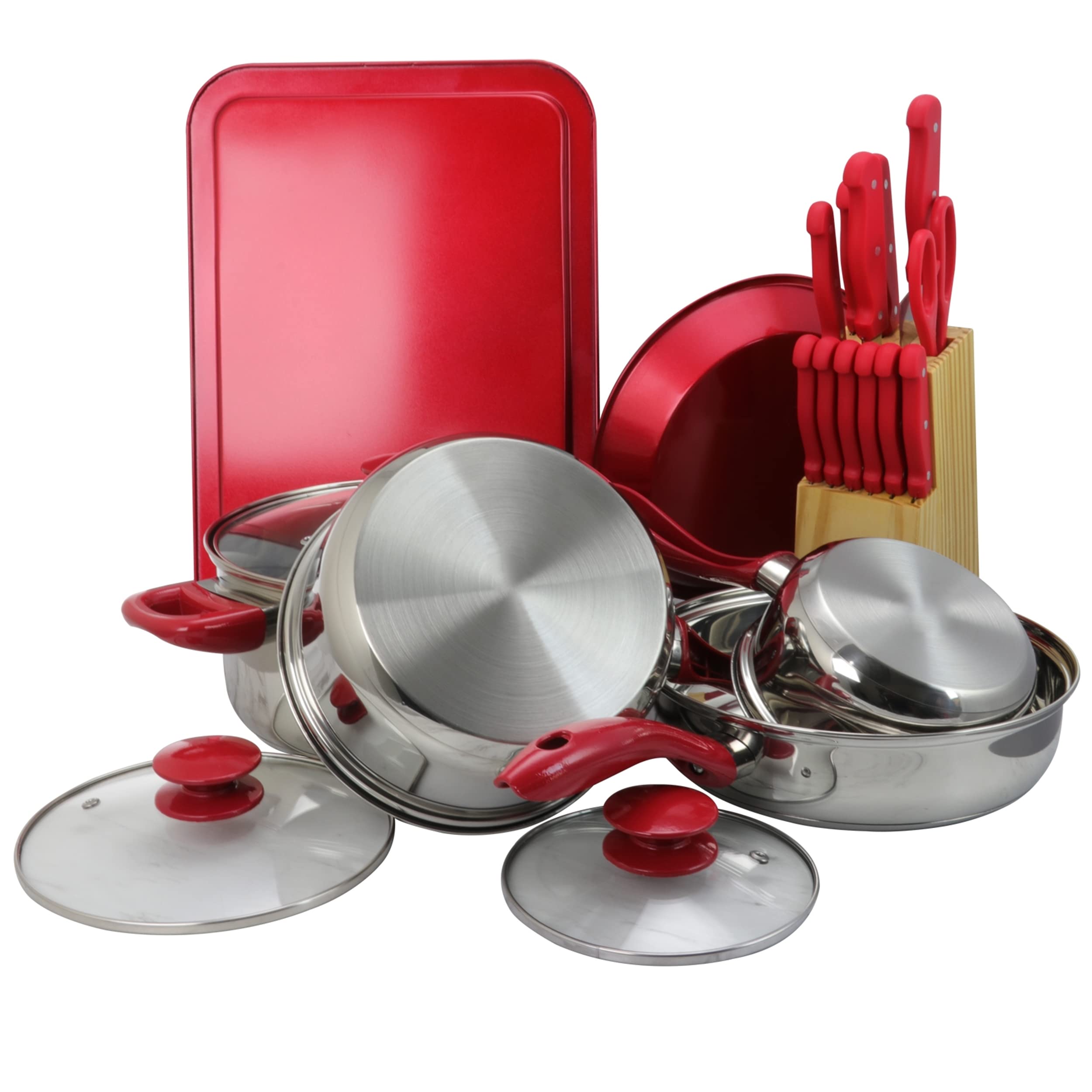 Megachef 22 Piece Cookware Combo Set, Red and Silver (MC-CS2200)