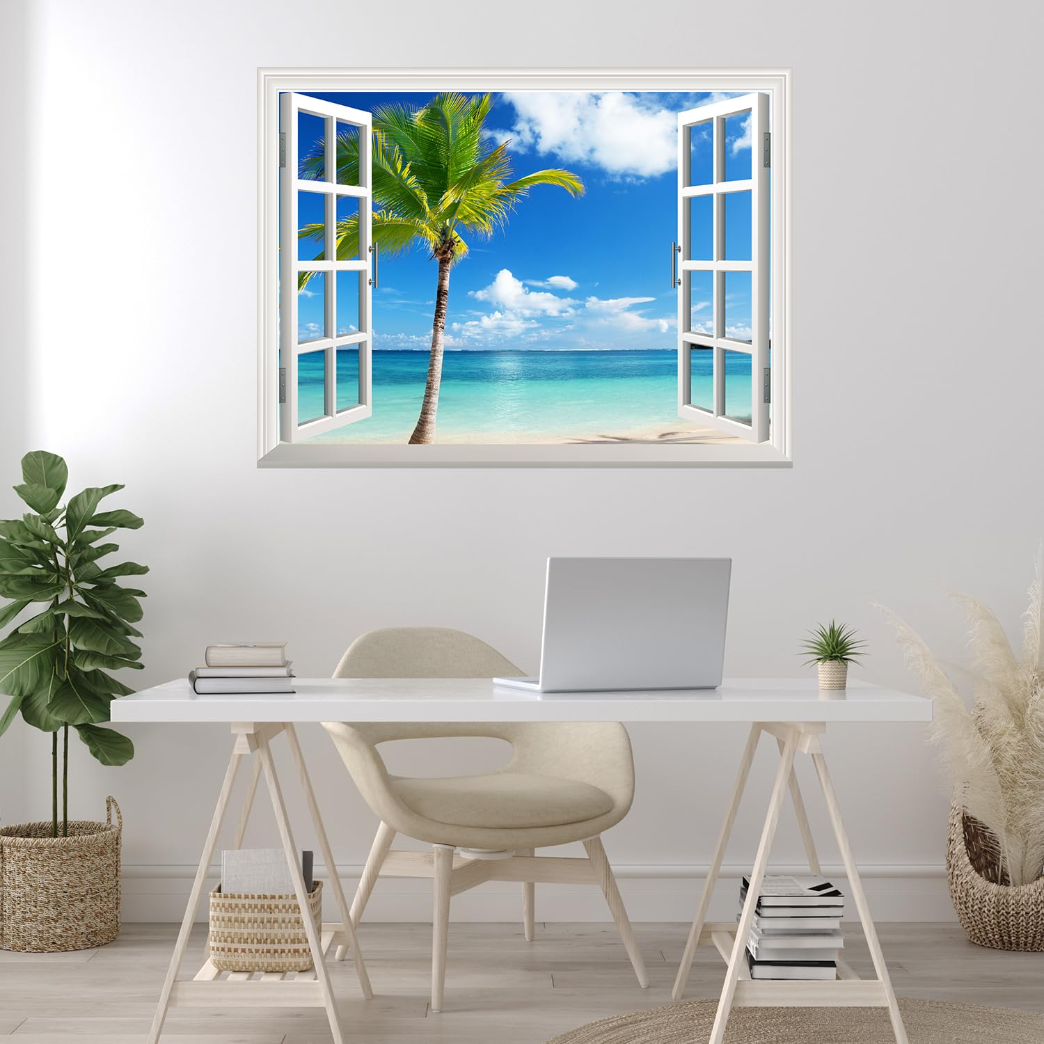wall26 Grand Waterfall Green Mountain Open Window Mural Wall Sticker (24''x32''  Tropical View)