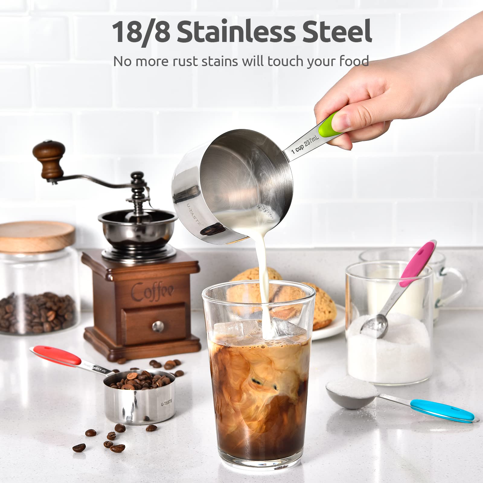 U-Taste 12-Piece Measuring Cups and Spoons Set, 18/8 Stainless Steel, Multicolors, Model UTCUPS001-12P