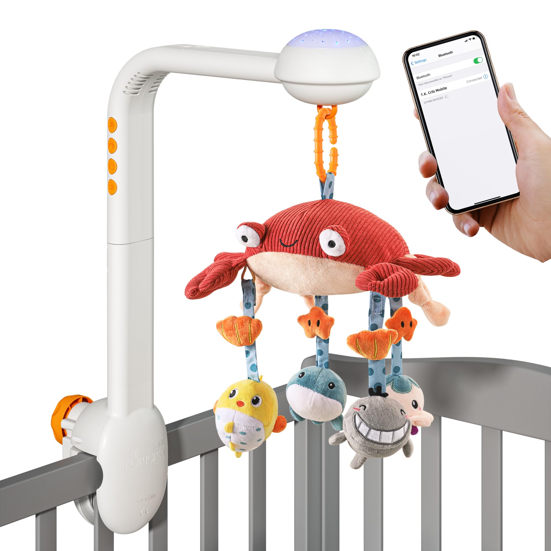 Tumama Baby Crib Mobile with Projection Night Light, Music and White Noise, Soft Plush Mirror Hanging Toys, Mute Spin Motor Nurs