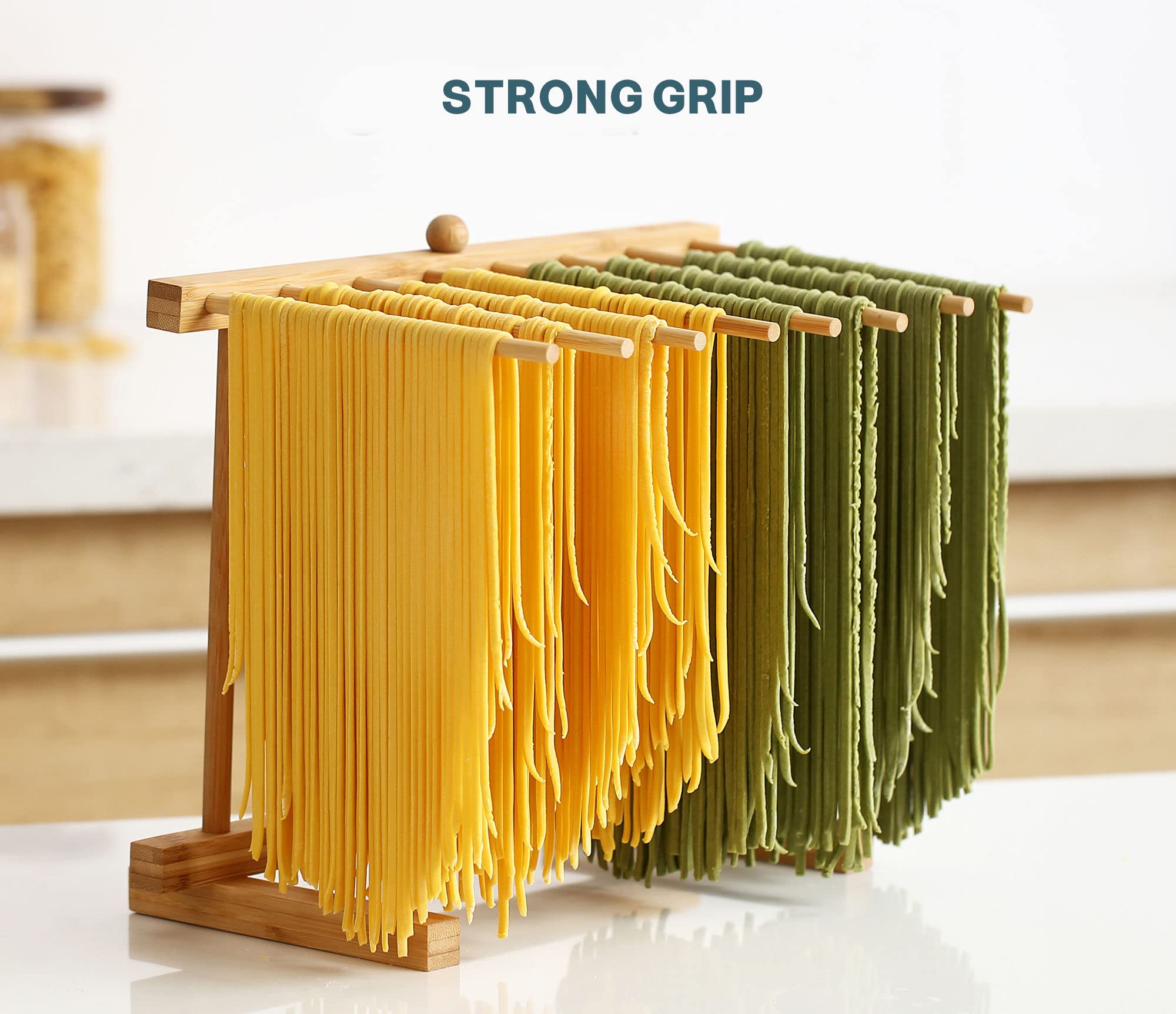 8SOM Bamboo Pasta Drying Rack with 8 Bars and Transfer Wand, Easy to Transfer for Drying Pasta and Cooking, Special Suspension D
