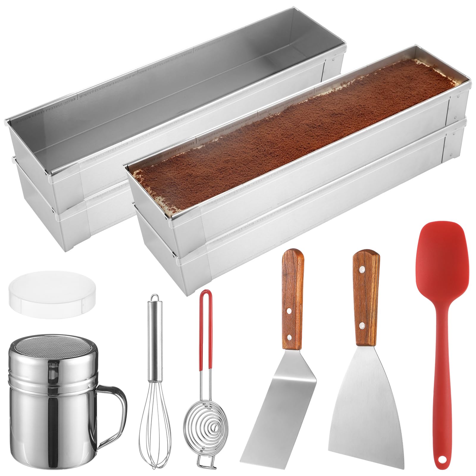 10 Pcs Rectangular Tiramisu Pan Set, 4 Stainless Steel Molds with Lids & Removable Frames, Including Spatulas, Whisk, Scraper, E