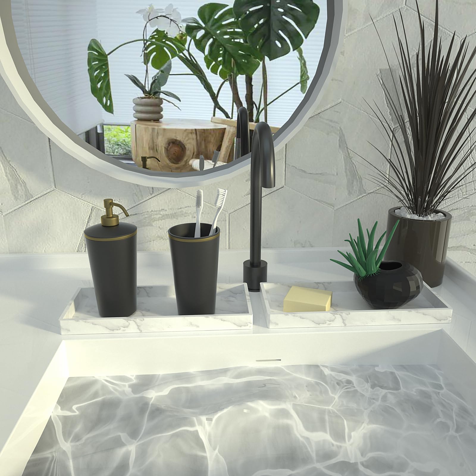 2 Packs Silicone Bathroom Vanity Tray Rectangle Set, Shatterproof Flexible Bathroom Tray, 11.8'' & 11.8'' Silicone Soap Dispense