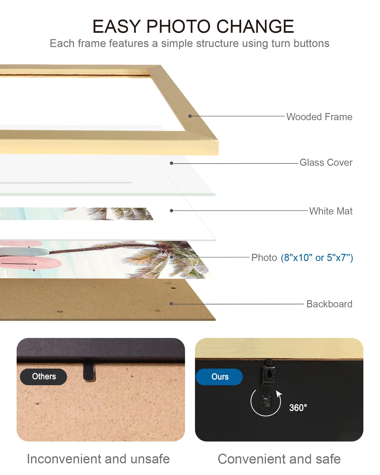 Hongkee 8x10 Picture Frame (4 Pack, Gold) Made of Real Glass and Wooden Frame - Display Pictures 5x7 with Mat or 8x10 Without Ma