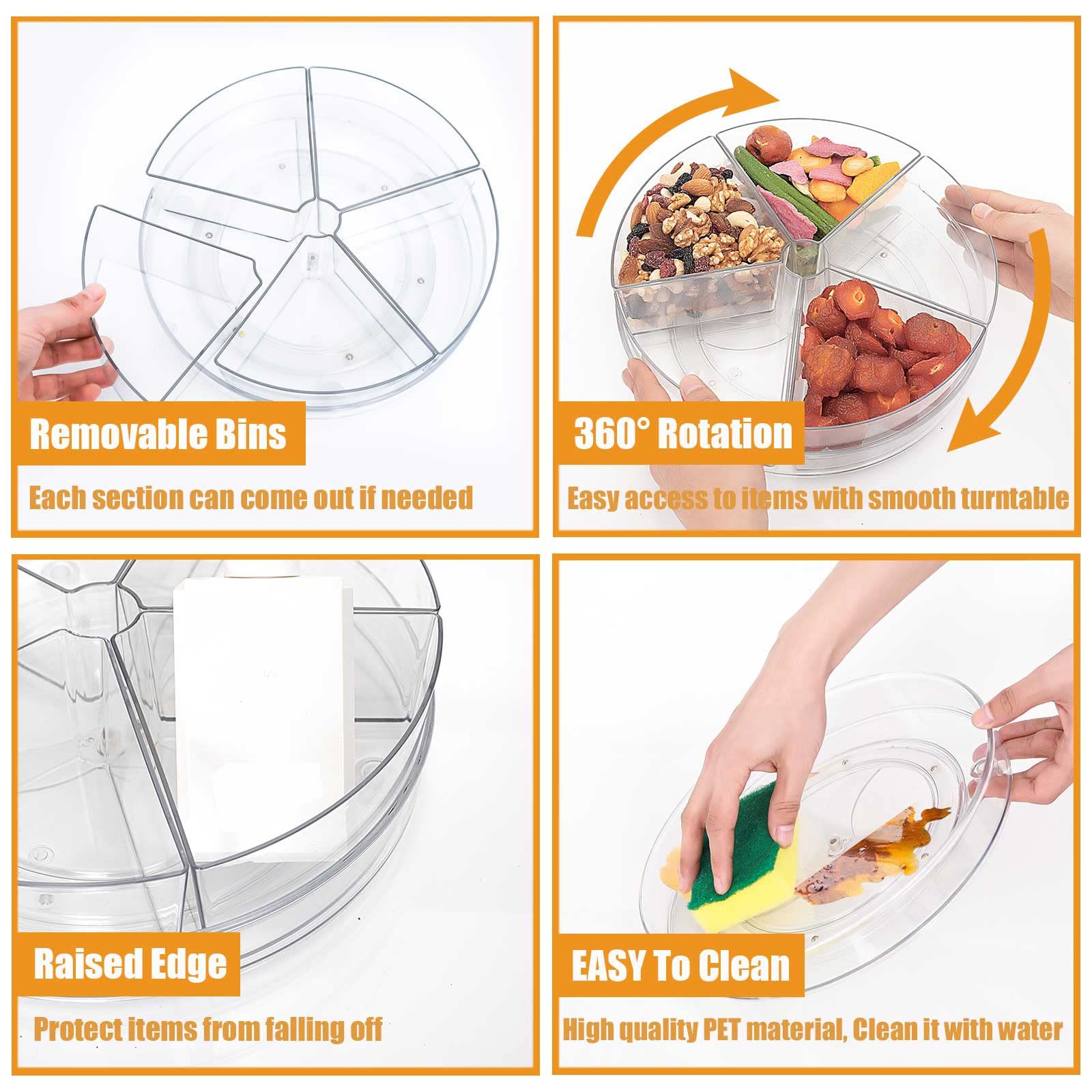 Roninkier Clear Lazy-Susan Organizer With 5-Removable-Bins - 11 Inch Round Plastic Rotating Storage Container For Cabinet, Pantr