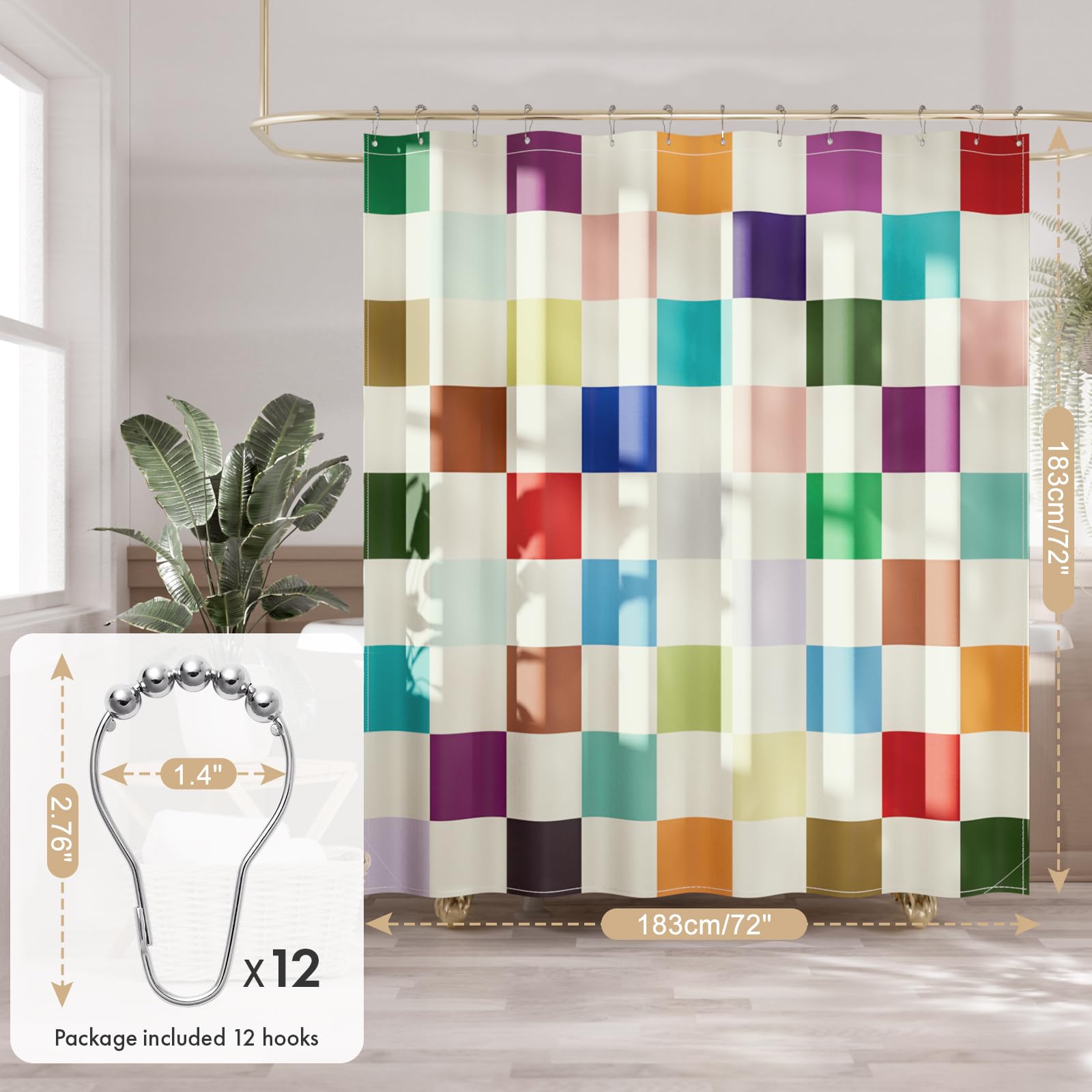 Amazerbath Colorful Checkered Shower Curtain, 72X72 Washable Cloth Modern Geometric Shower Curtains For Bathroom, Fabric Cute Ki