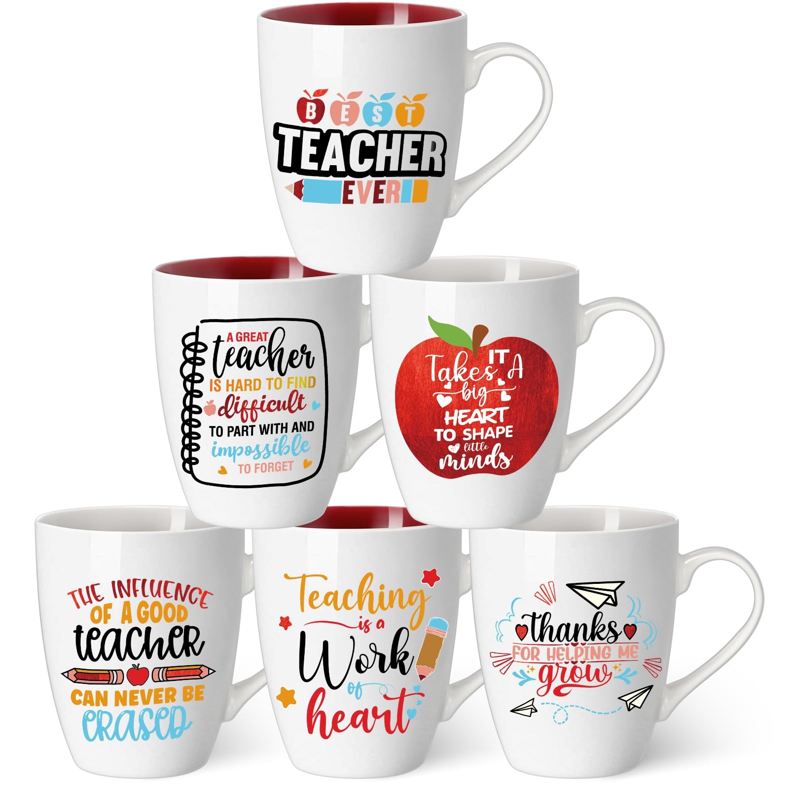 Shellwei 6 Pack Teacher Coffee Mugs Set 11 oz Ceramic It Takes a Big Heart Coffee Mug Mugs with Handles for Women Men Kindergart