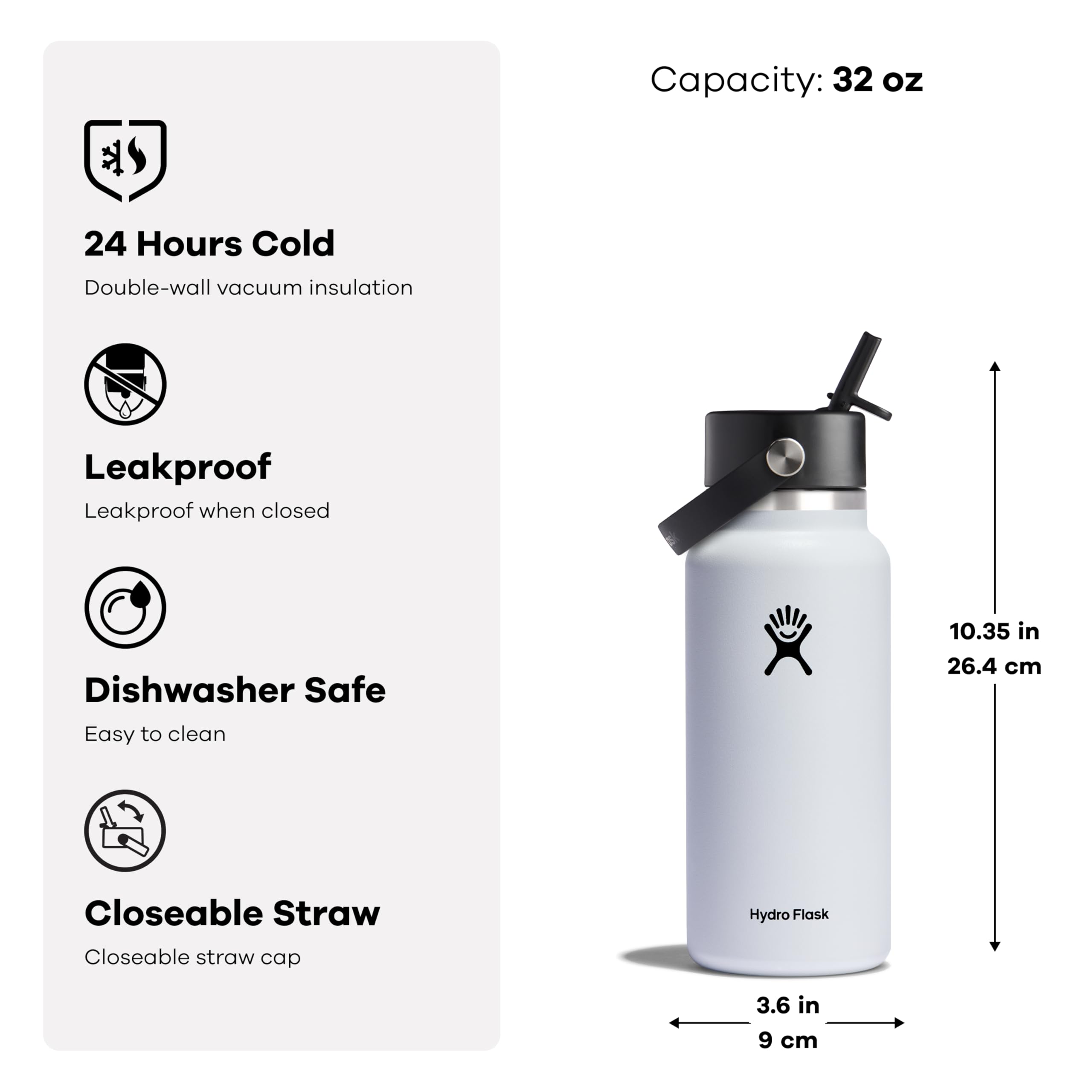 Hydro Flask 32 OZ Wide Flex Straw Cap White  Dishwasher Safe  Leakproof