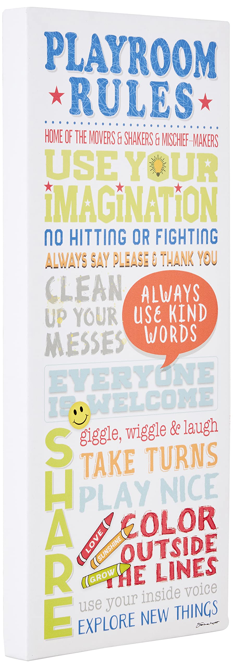 Stupell Industries Playroom Rules Colorful Typography White Blue Green and Red Stretched Canvas Wall Art  10 x 24  Gray Framed Giclee