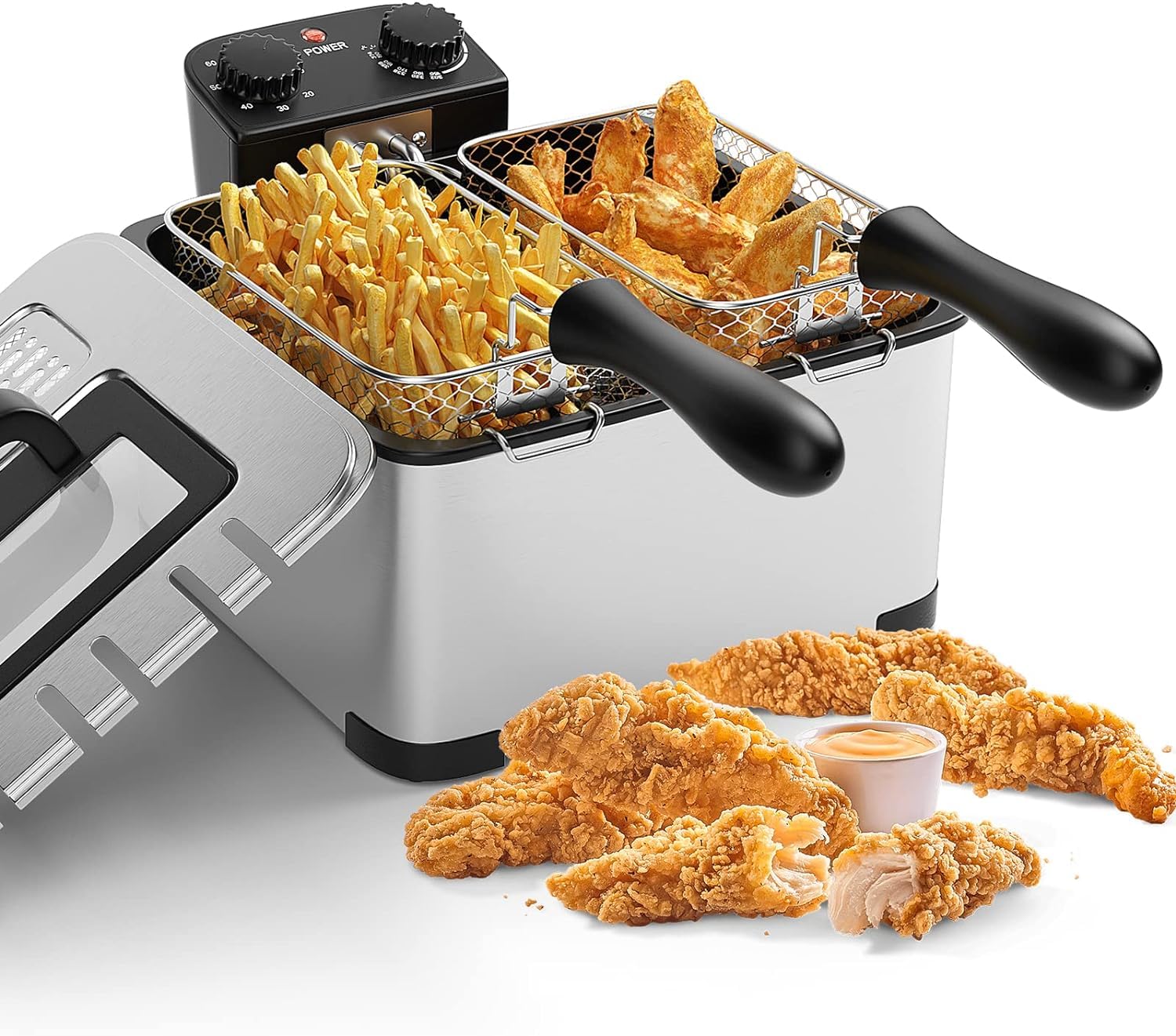 Deep Fryers with 3 Baskets - Simoe 5.3QT/21 Cup Electric Large Fryer Countertop, 1700W Stainless Steel Deep Oil Fryer with Lid, 