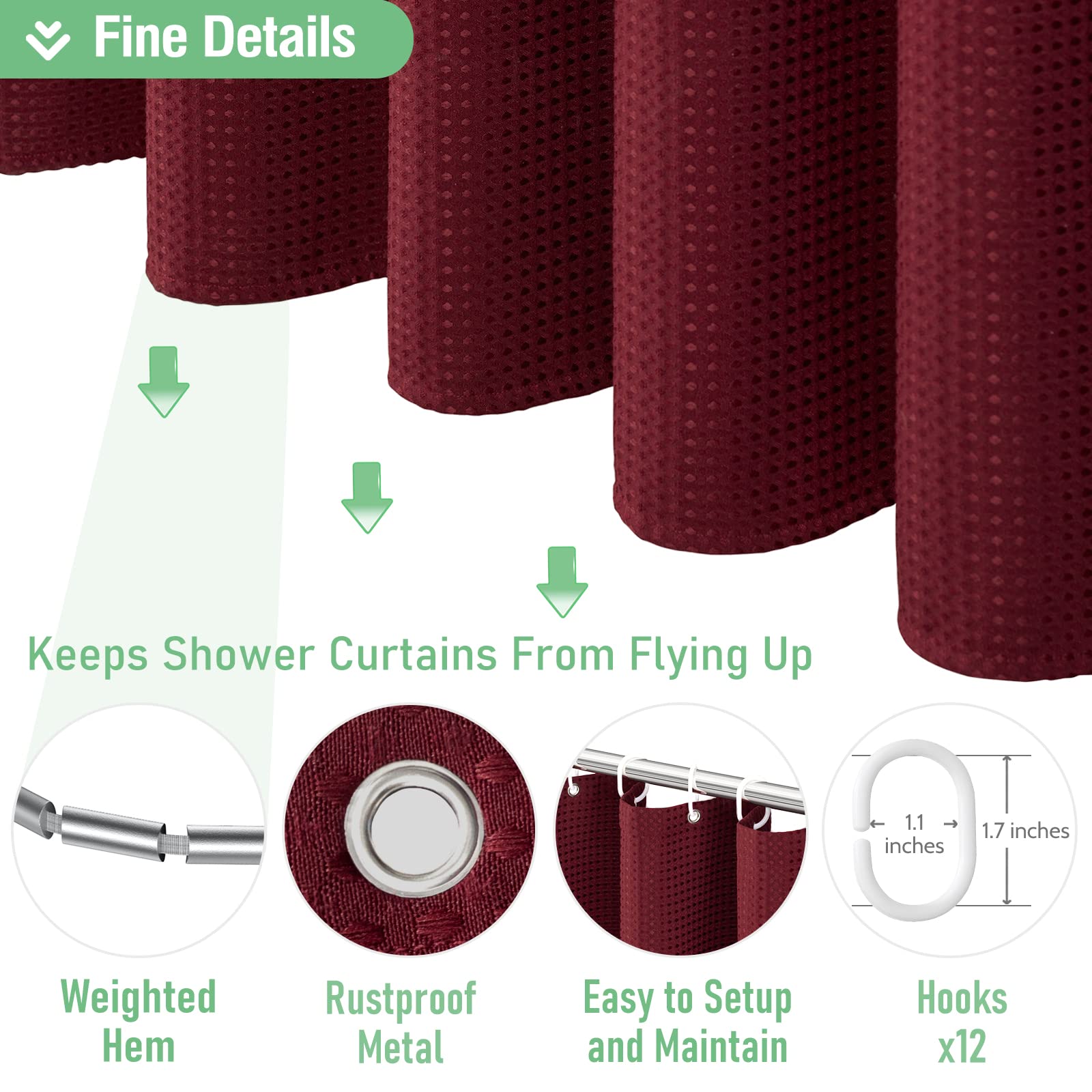 Dynamene Burgundy Fabric Shower Curtain - Waffle Weave Textured Heavy Duty Cloth Shower Curtains For Bathroom, 256Gsm Hotel Luxu