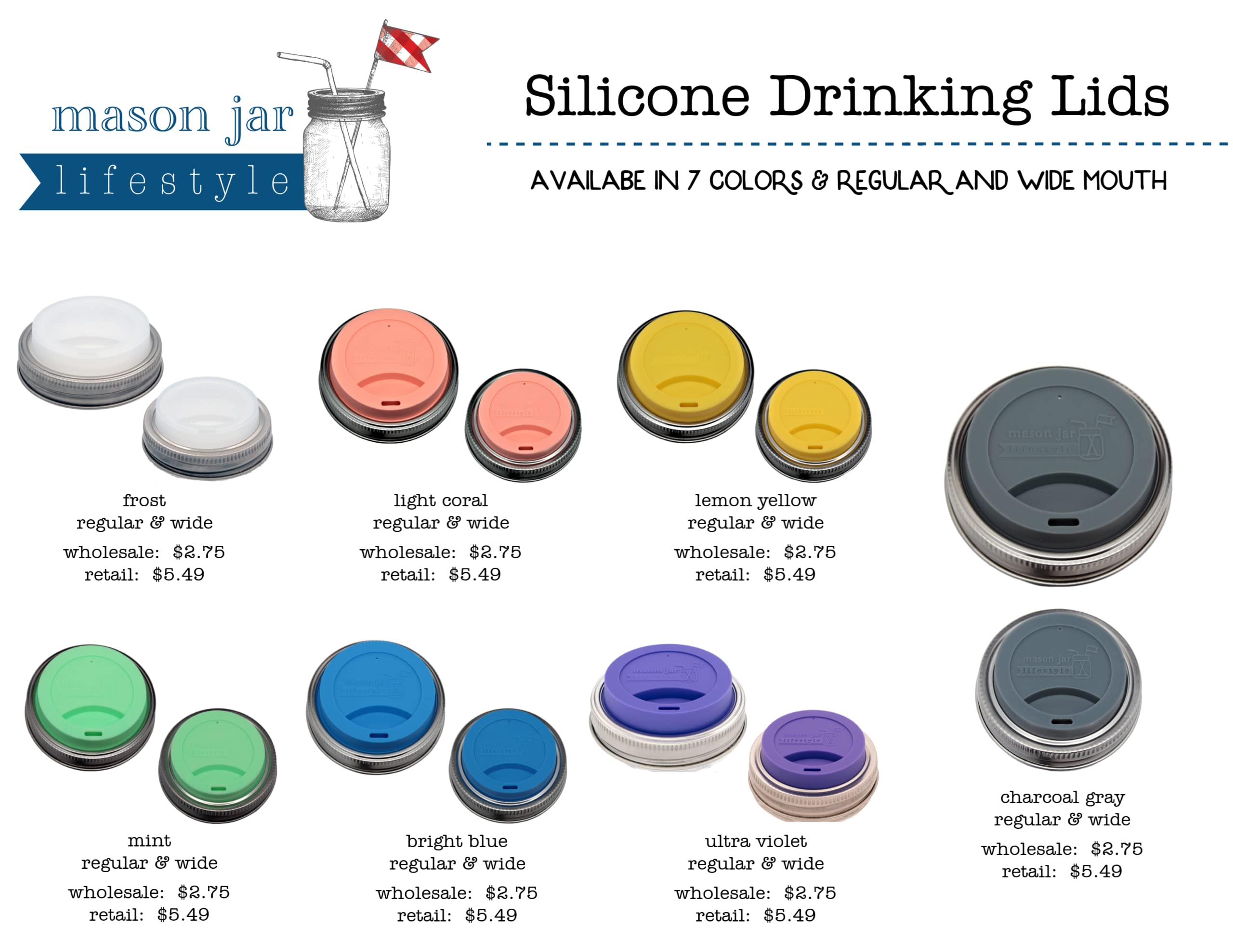 Silicone Drinking Lids With Rust Proof Stainless Steel Bands By Mason Jar Lifestyle (2 Pack, Lemon Yellow, Regular Mouth)
