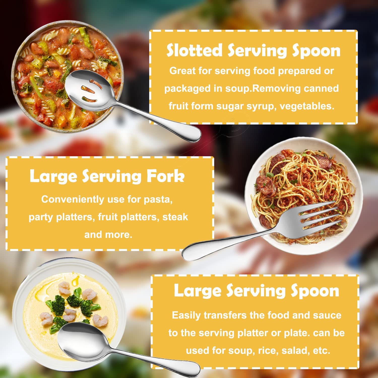 Iaxsee 6 Pcs Stainless Steel Serving Utensils, Large Serving Spoons Slotted Spoons, Forks, Ice Suger Tongs, Cake Server, Soup La