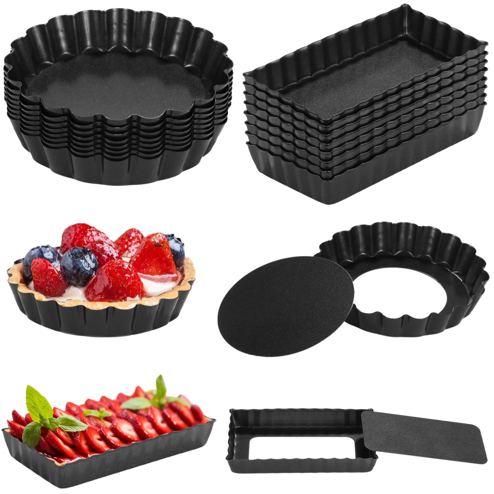 Mini Tart Pans With Removable Bottom Nonstick Quiche Pan, 8Pieces Round and 8Pieces Rectangle Pie Pans, 4 Inches Carbon Steel Mi