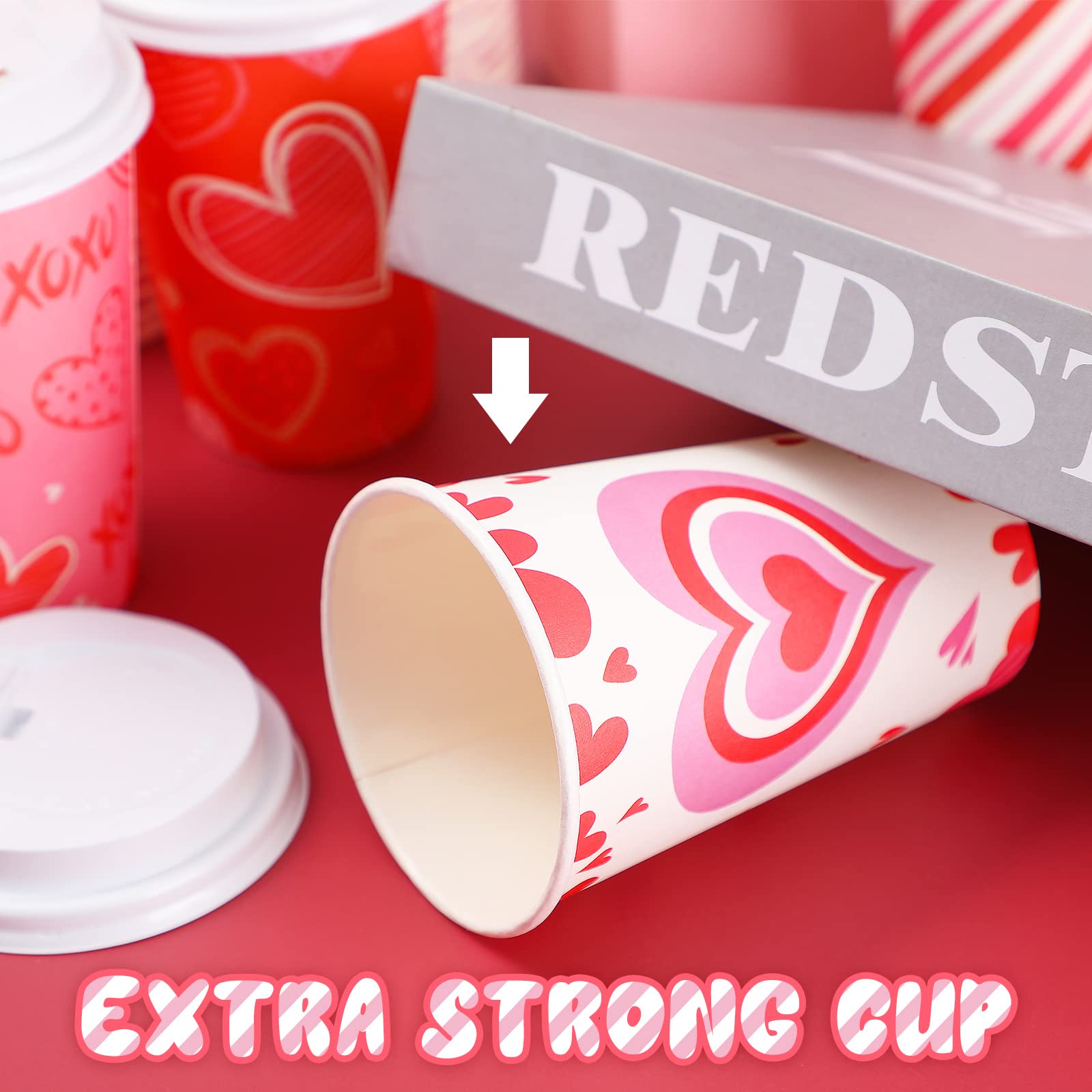 Funtery 60 Set Valentine'S Day Disposable Cups With Lids 12 Oz Pink Paper Beverage Cups Hearts Hot Chocolate Cocoa Hot Tea Conta