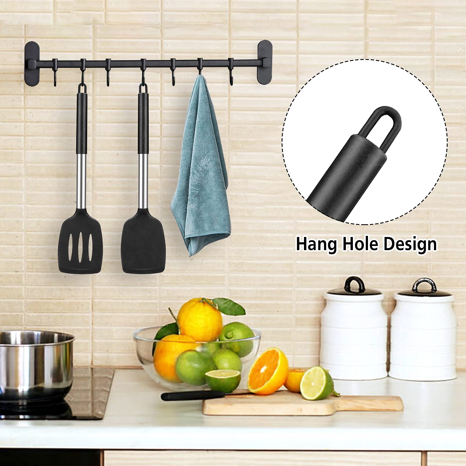 2 Pack Silicone Spatulas Turners, Stainless Steel Cooking Utensils Bpa Free,Heat Resistant,Non Stick,Rubber Spatulas For Fish, E