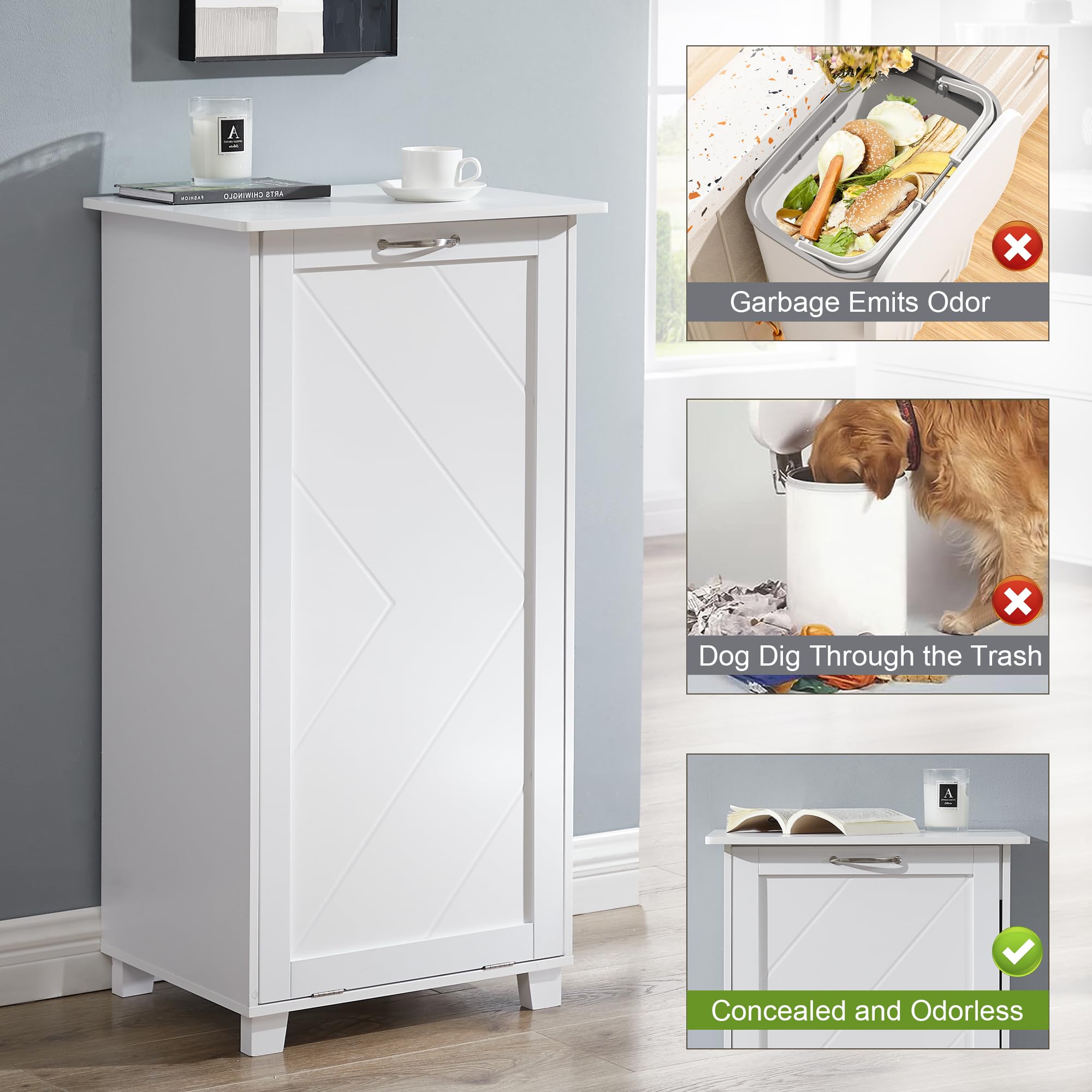 Vecelo Tilt Out Kitchen Trash Bin Cabinet, Dog Proof Garbage Can With Wood Holder Free Standing Recycling, White