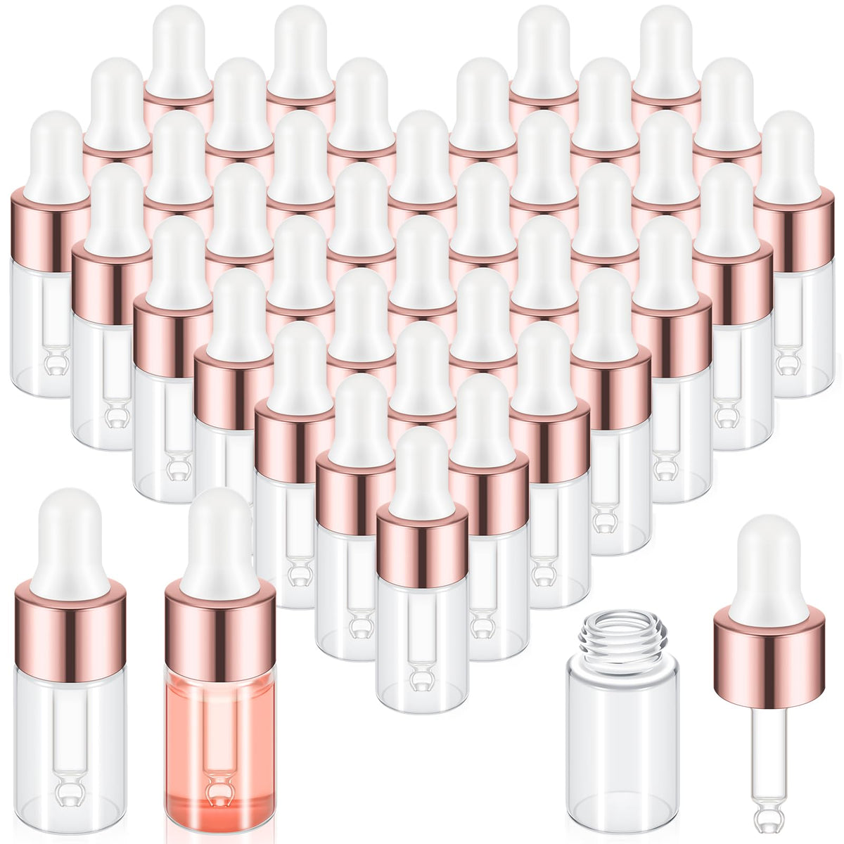 Didaey 100 Pcs Mini Glass Dropper Bottle Bulk, 3 Ml Rose Gold Clear Essential Oil Dropper Bottles Small Tincture Empty Bottles S