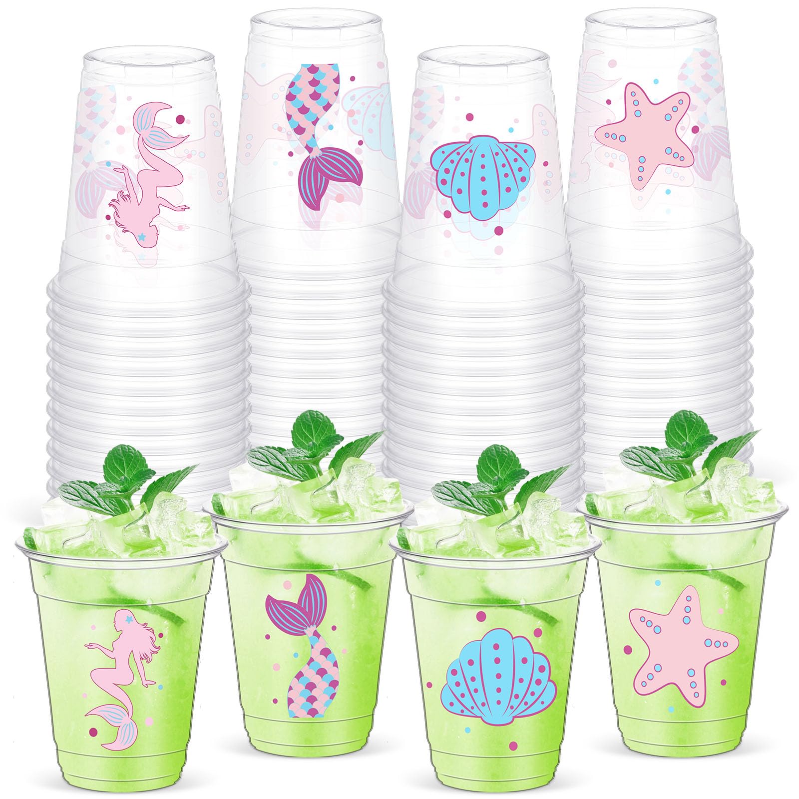 Yaomiao 50 Pieces Mermaid Party Cups Bulk 12 Oz Disposable Plastic Under The Sea Drinking Cups Mermaid Tail Shell Starfish Bever