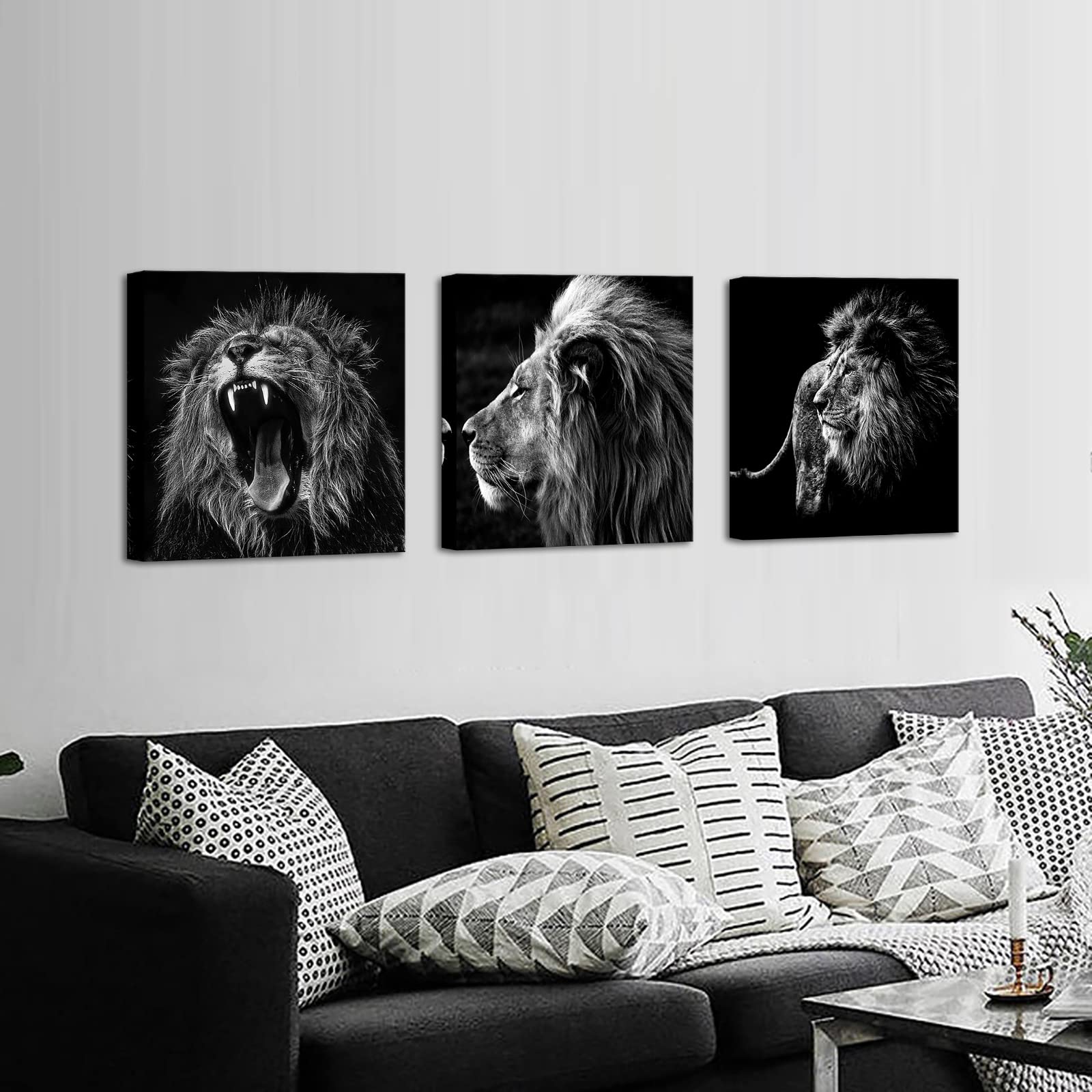 KREATIVE ARTS Lion King Black and White Canvas Prints Wall Art - 3 Panels, 12x12 inch, Modern Decor for Living Room & Office