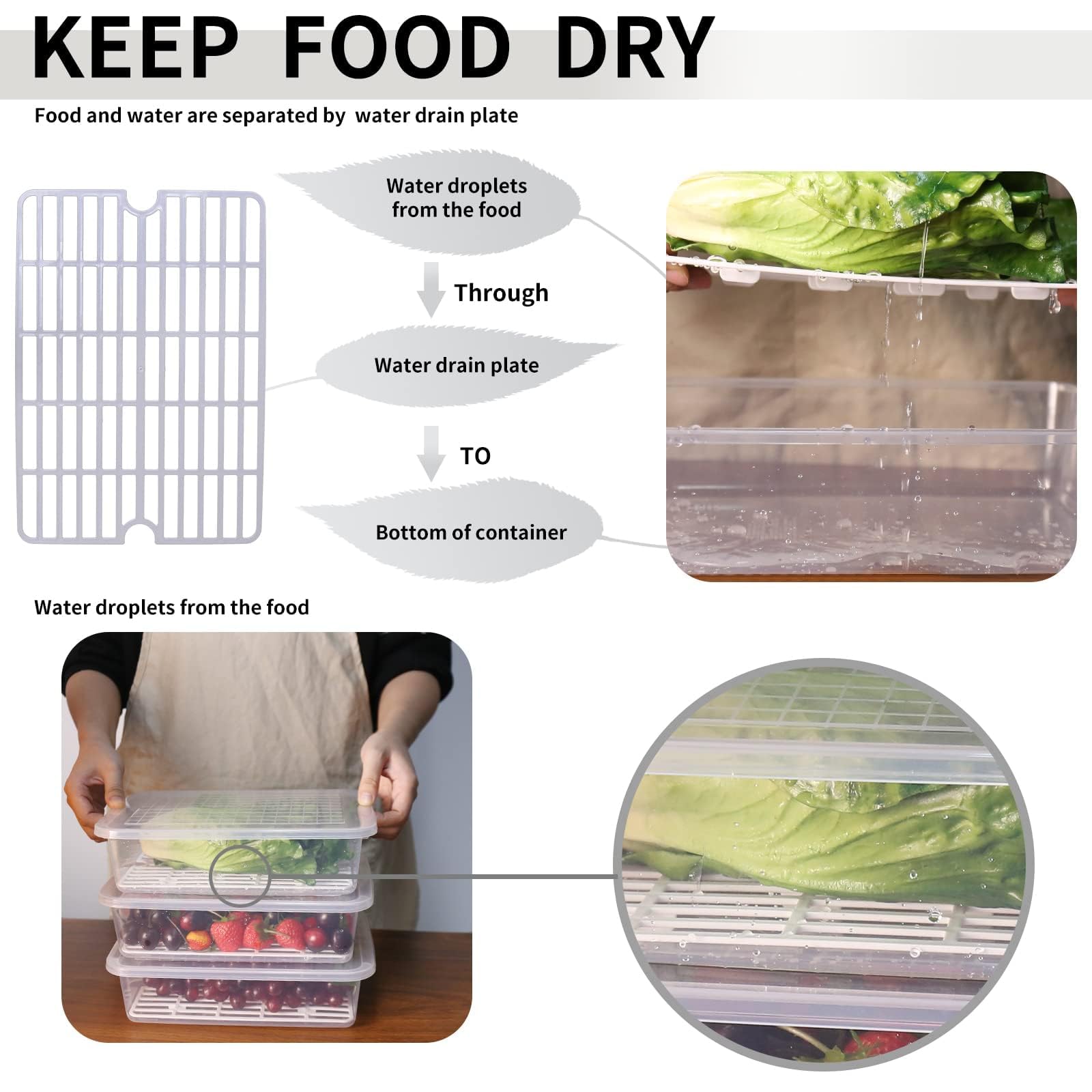 77L Food Storage Container  (3-Pack) Plastic Food Containers with Removable Drain Plate and Lid  Stackable Portable Freezer Storage Containers - Tray to Keep Fruits  Vegetables  Meat and More (Large)