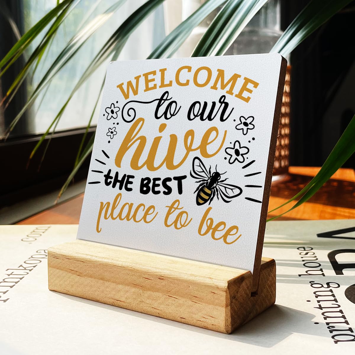 Bee Decor, Bee Hive Decor, Welcome to Our Hive Wooden Plaque Sign Desk Decoration Welcome Sign for Farmhouse Kitchen Home Office