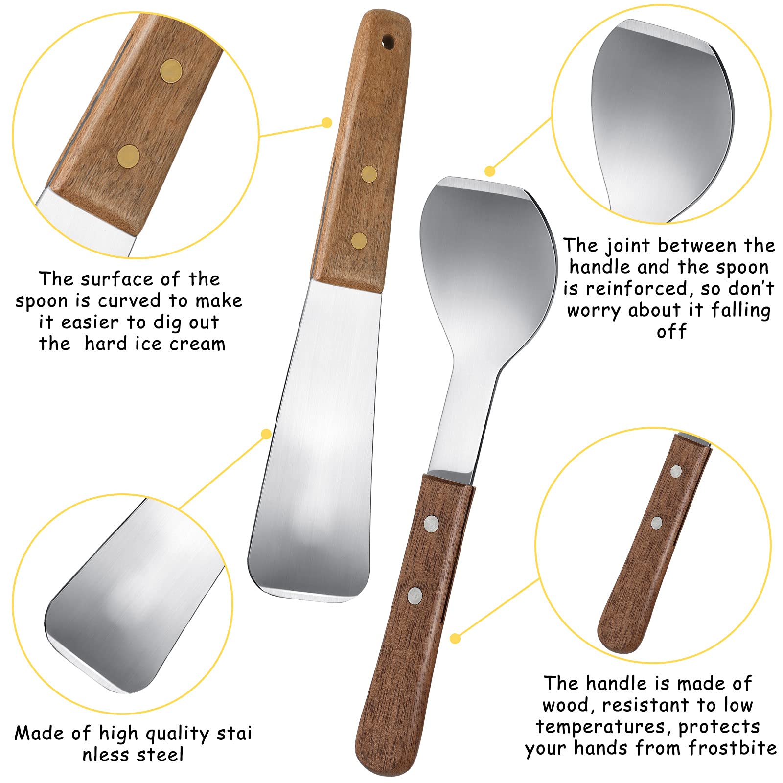 2 Pieces Ice Cream Scoop Stainless Steel Ice Cream Shovel With Wooden Handle Dessert Spade Butter Cutter Flat Ice Cream Metal Sp