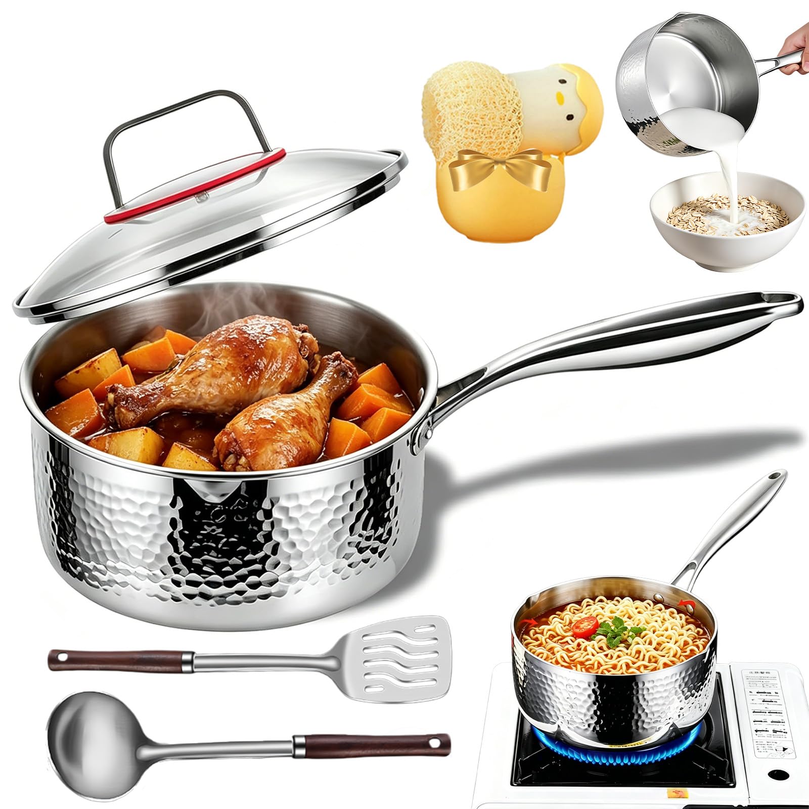 Pure Titanium Saucepan with Lid, Upgrade 1.5/2/3/4 Qt No Coating Non Stick Hammered Titanium Pan with Dual Pour Spouts, Fast Eve