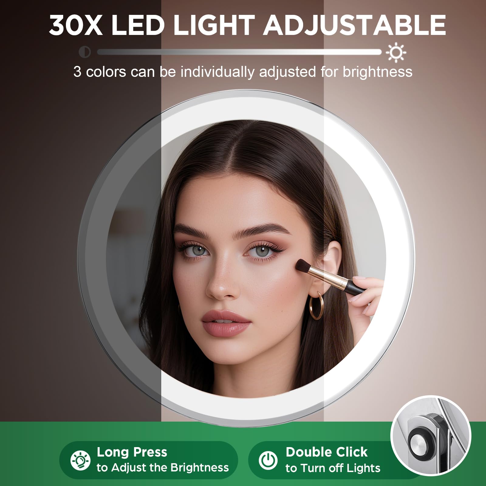 DASLAVA 30x Magnifying Mirror, Lighted Makeup Mirror with 3 Colors Modes & Adjustable Brightness, 360 Rotation Double Side, Larg