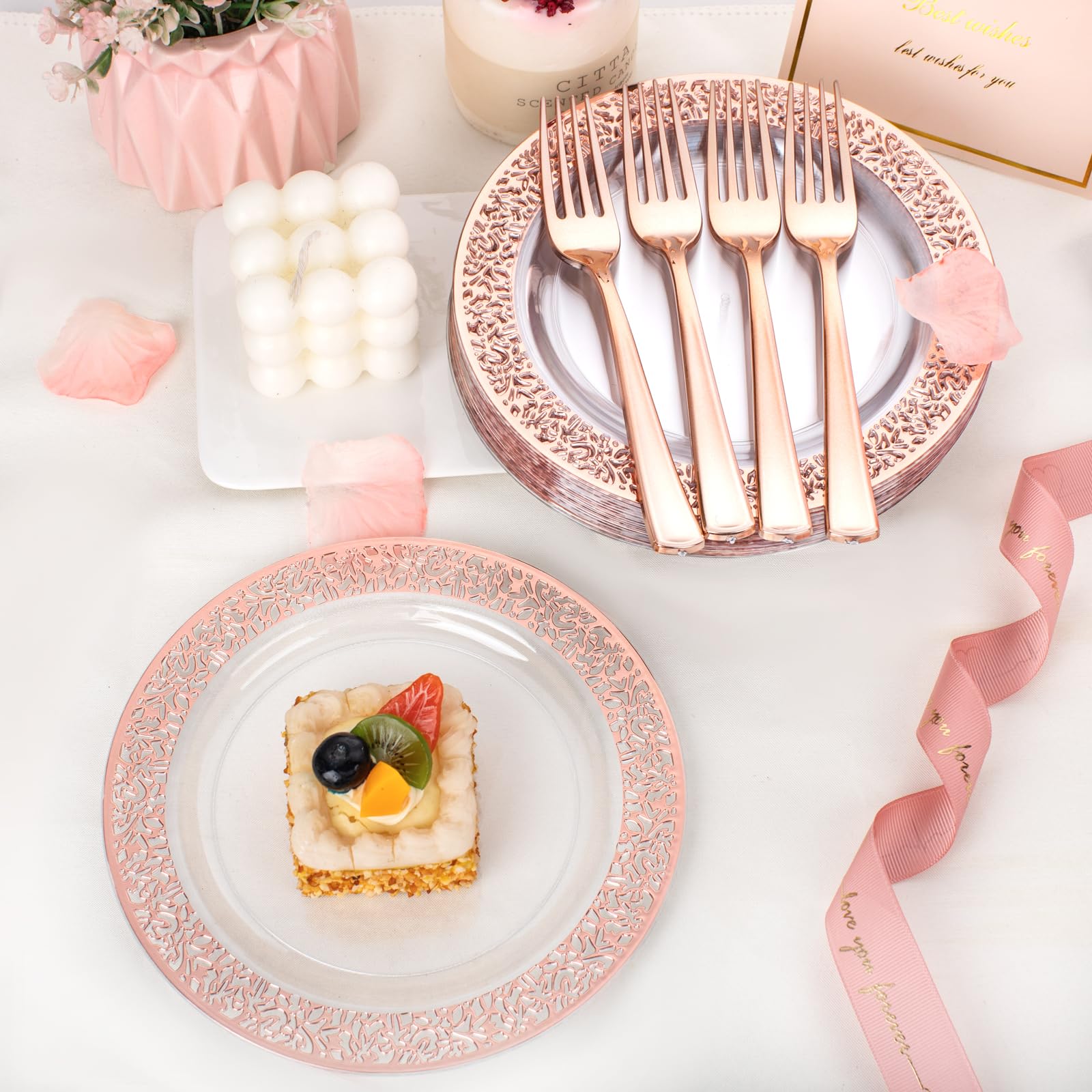 I00000 72 Pieces Rose Gold Dessert Plates 7.5'' & 72 Pieces Disposable Forks 7.4''  Clear Lace Design Plastic Salad Plates  BPA Free Appetizer Plates for all Holidays & Occasions & Party
