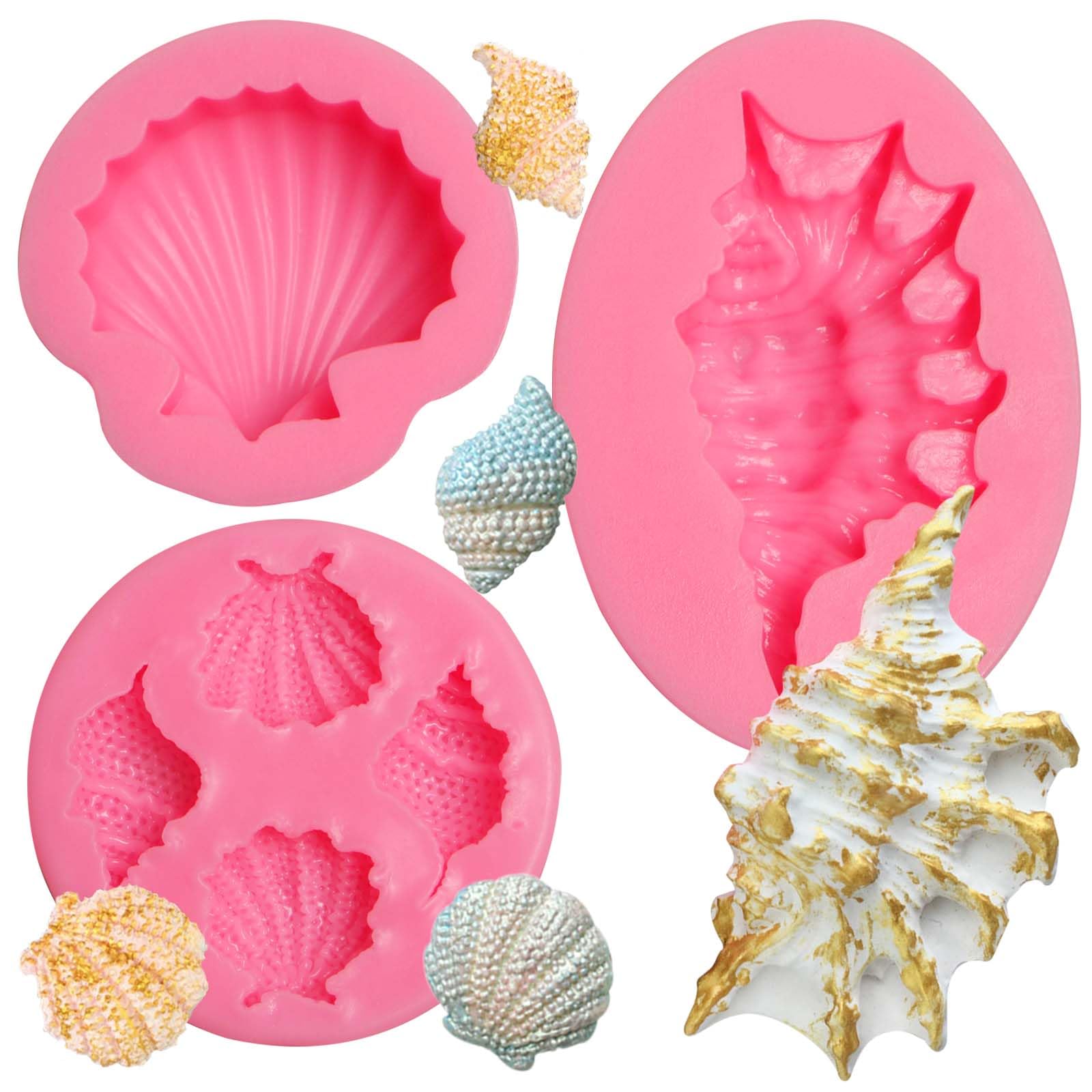 Muyulin Seashell Fondant Mold Silicone, 3 Packs Large Conch Chocolate Baking Molds For Sea Theme Cake Decoration, Cupcake Topper