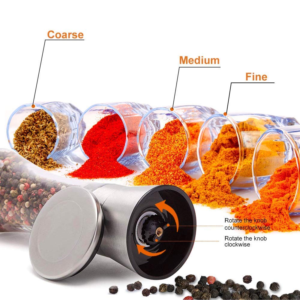 Salt And Pepper Grinder Tall Size - Black Pepper,Herb Shakers Mill Refillable Manual - Stainless Steel Lid - Adjustable Coarsene