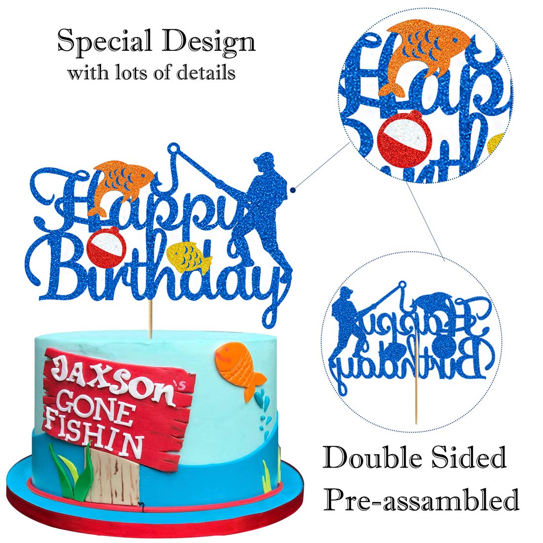 Glorymoment Fishing Cake Toppers Birthday, Glitter Blue Bobber Cake Topper, Fisherman Cake Topper Birthday Fishing Themed Party
