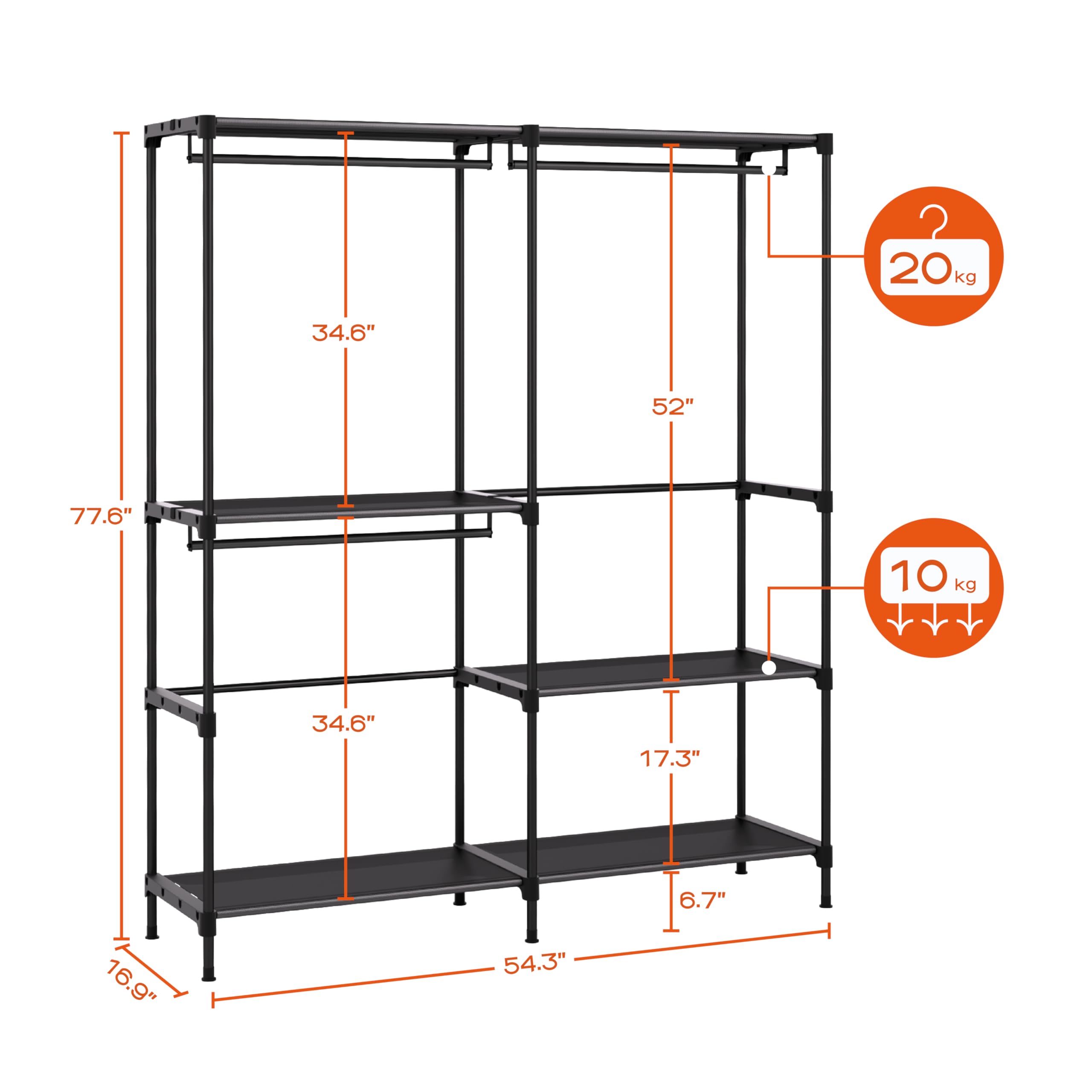 Casamaya Clothes Rack, Portable Closet, 54.3 Inch Large Capacity Wardrobe Closet, Clothes Storage Organizer With Shelves And 3 H