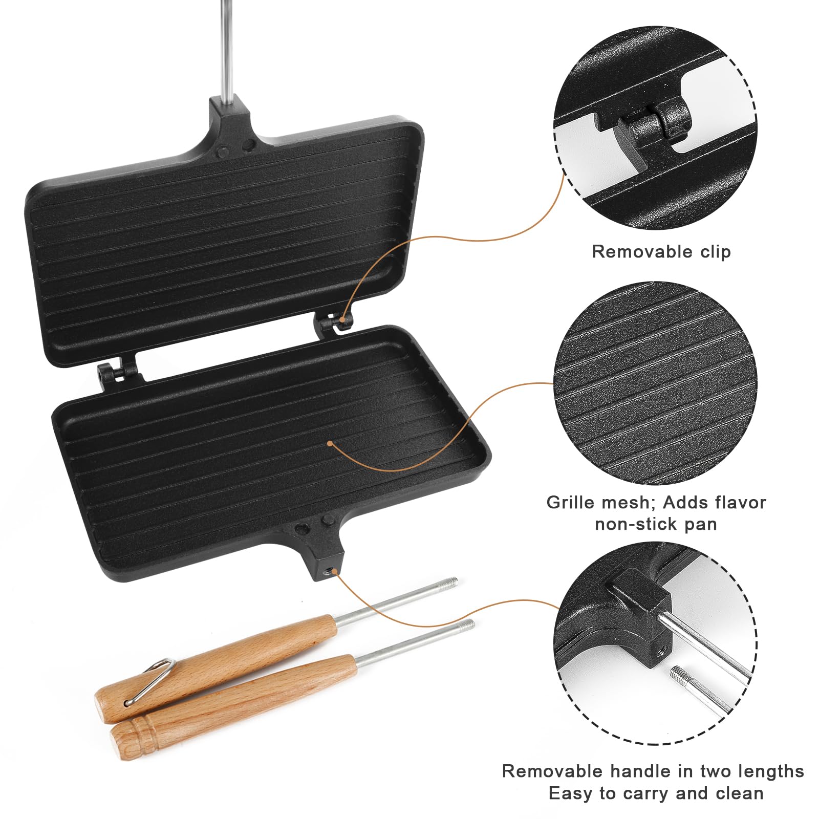 PEUTIER Double Pie Irons - Non-Stick Aluminum Camping Sandwich Maker, Black, Model 03040, Portable Campfire Cooking Equipment