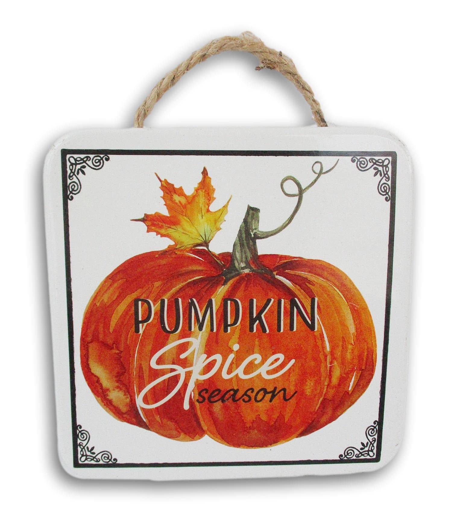 Craft Supply Fall Autumn Thanksgiving Metal Decor Sign - Small White Hanging Wall Decor - 5 x 5 Inches (Pumpkin Spice Season)