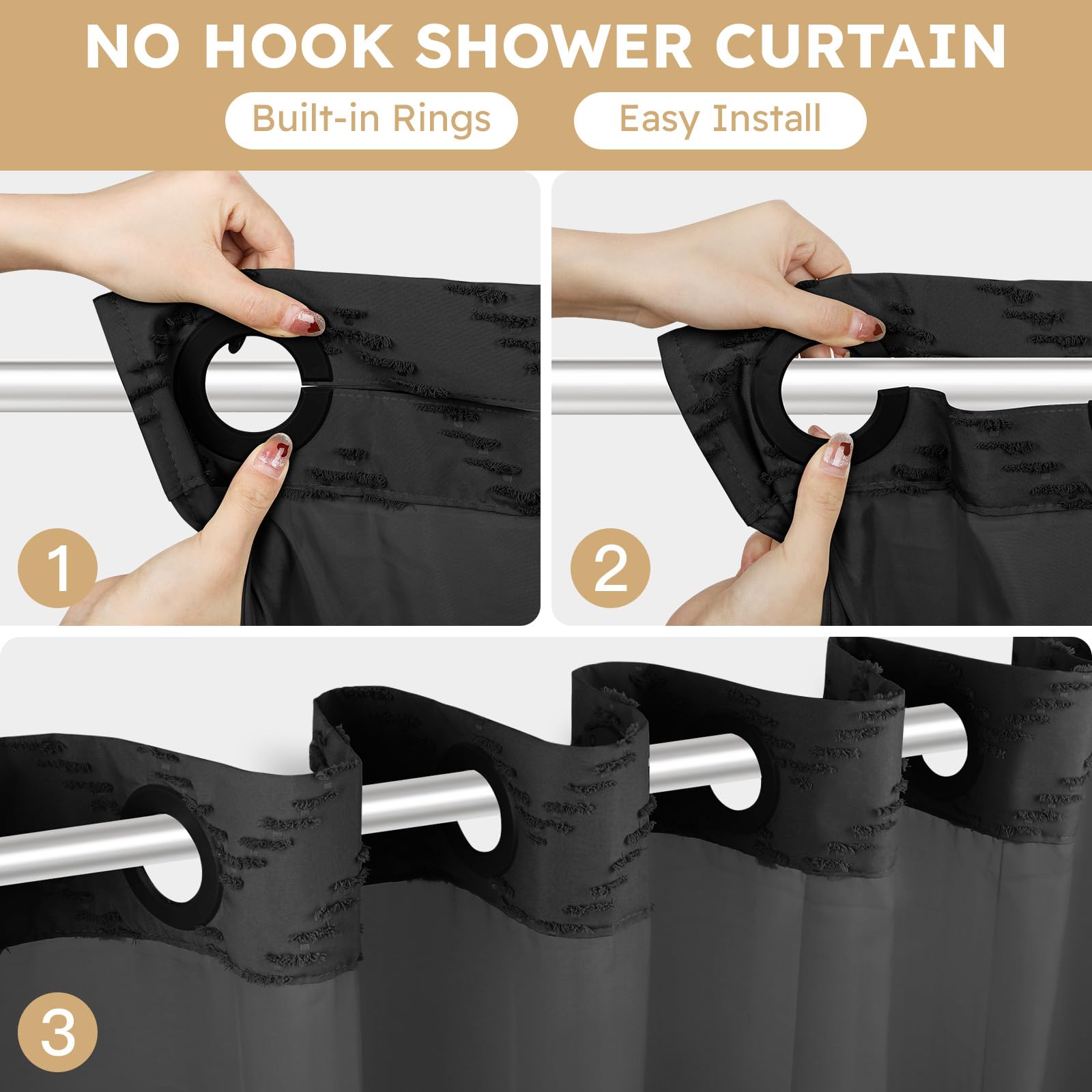 Fadoty No Hook Shower Curtain And Snap In Liner Set Black Tufted Chevron Striped Cloth Waterproof Washable Fabric Boho Farmhouse