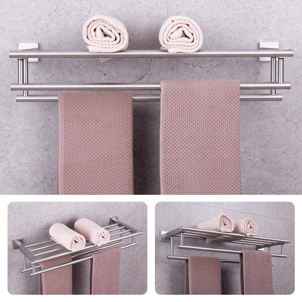 Gerzwy Bathroom Lavatory Towel Rack Towel Shelf With Double Towel Bars Wall Mount Holder, 24-Inch Sus 304 Stainless Steel Brushe