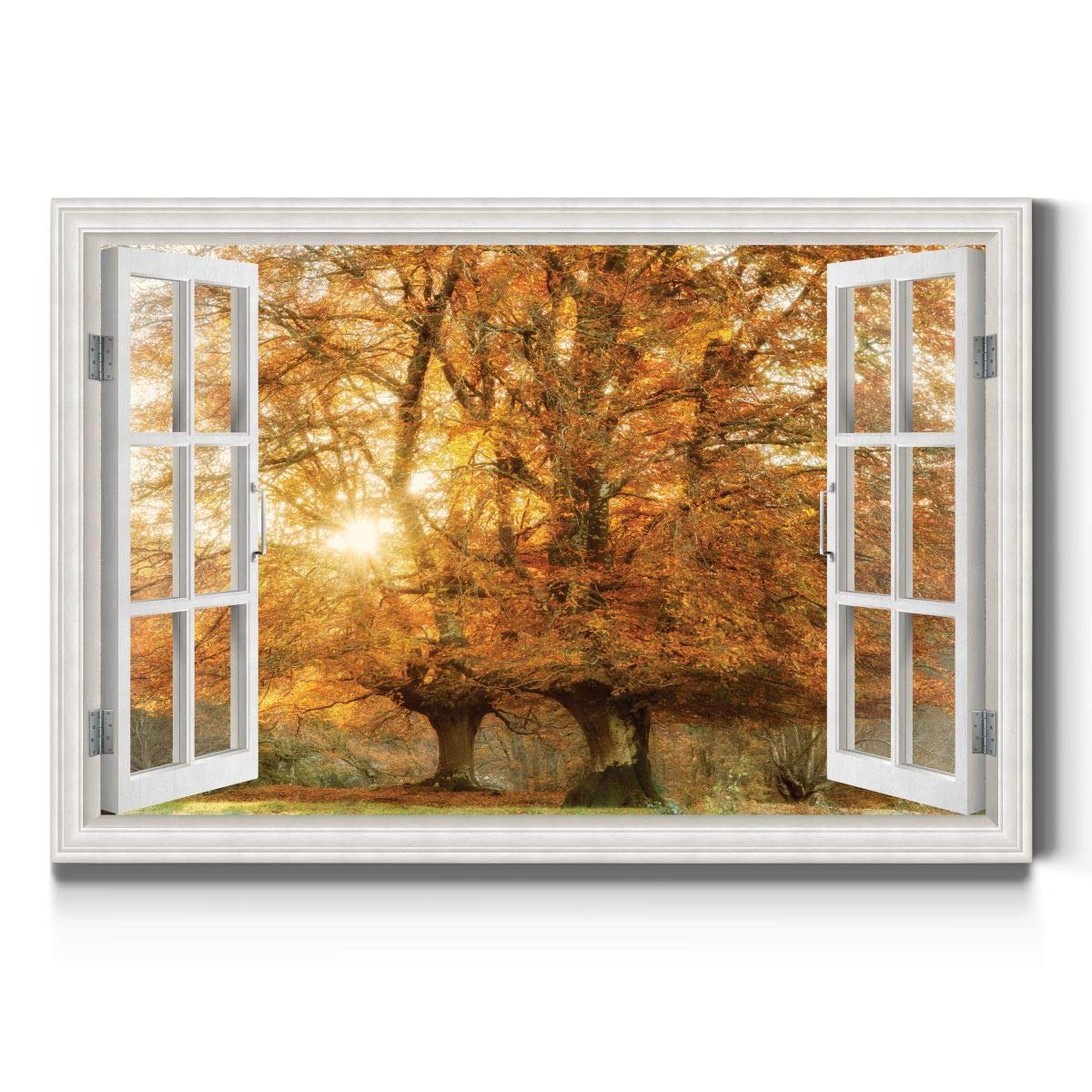 Renditions Gallery Nature Canvas Wall Art Modern Paintings & Prints Decorations Glowing Golden Beech Trees Romantic Window View