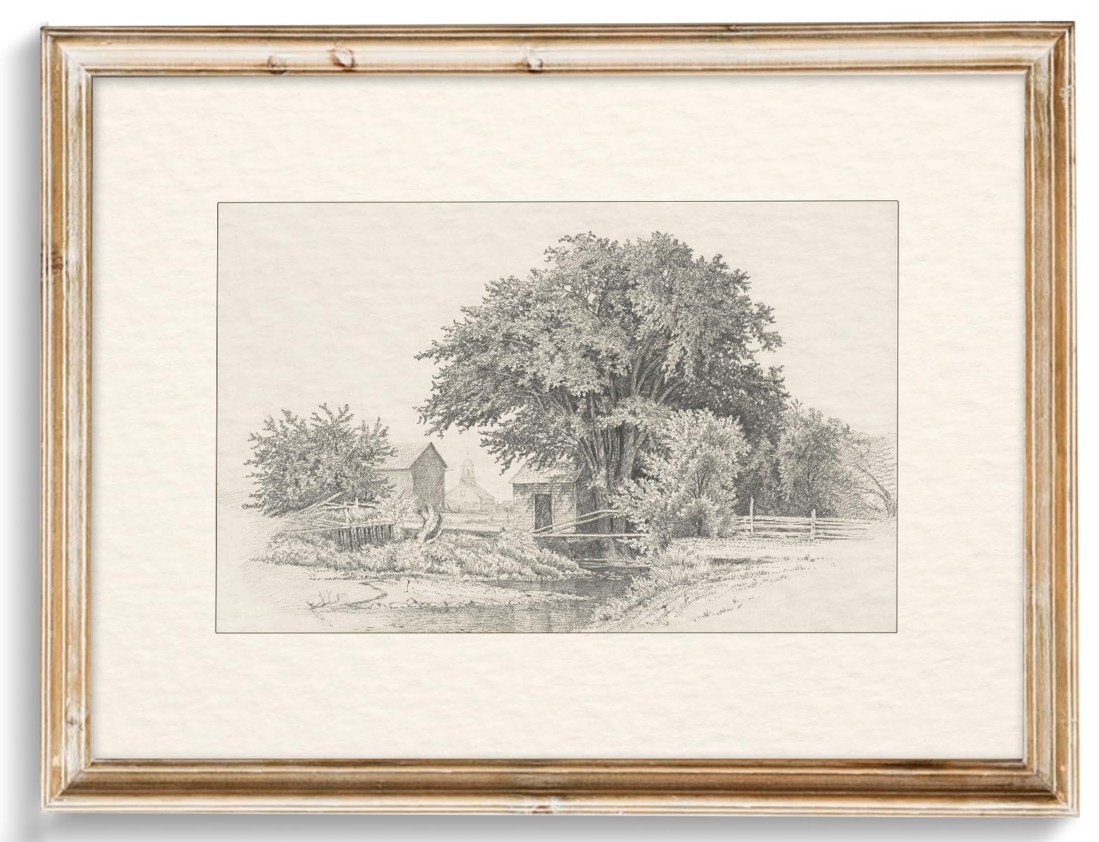 Neutral Vintage Wall Art For Home Decor, Farmhouse Landscape Sketches Wall Decor, Rustic Nature Canvas Prints Vintage Landscape